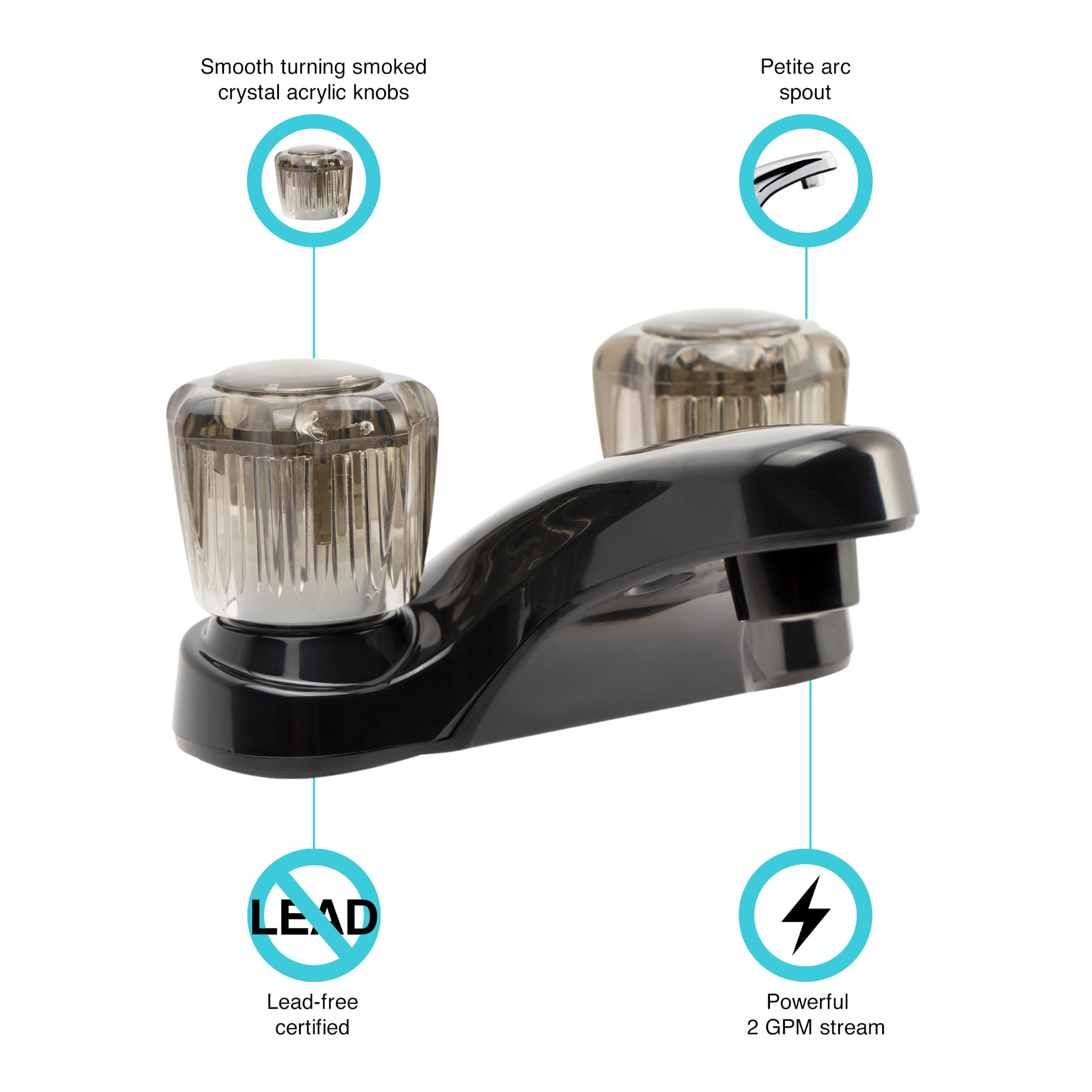 Dura Faucet Grifo de lavabo RV con pomos acrílicos ahumados, color negro