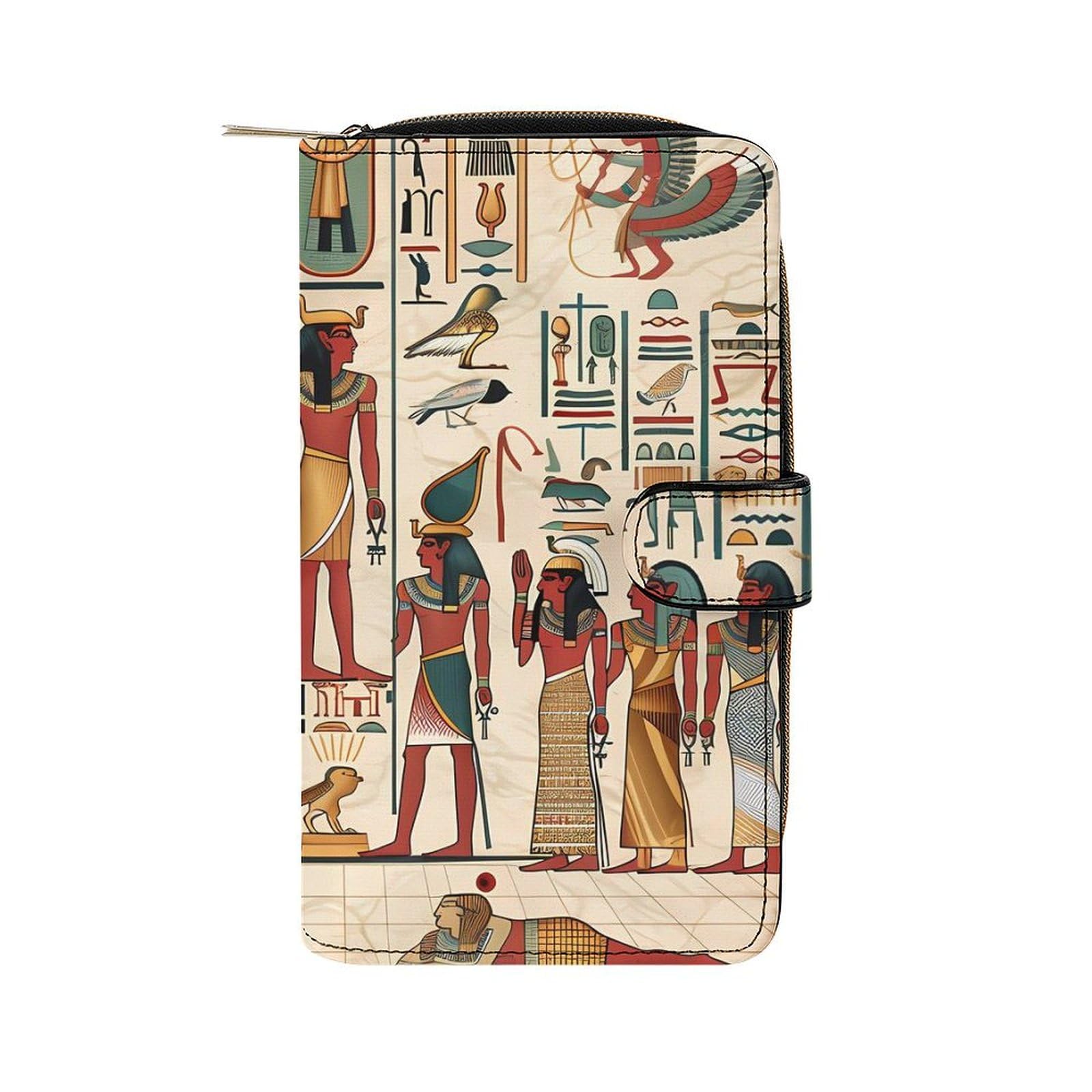 Vintage Ancient Egyptian Pharaoh Statue Leather Long Pouch Wallet for Men And Women Large Capacity Clutch Cash Wallet with Zippered