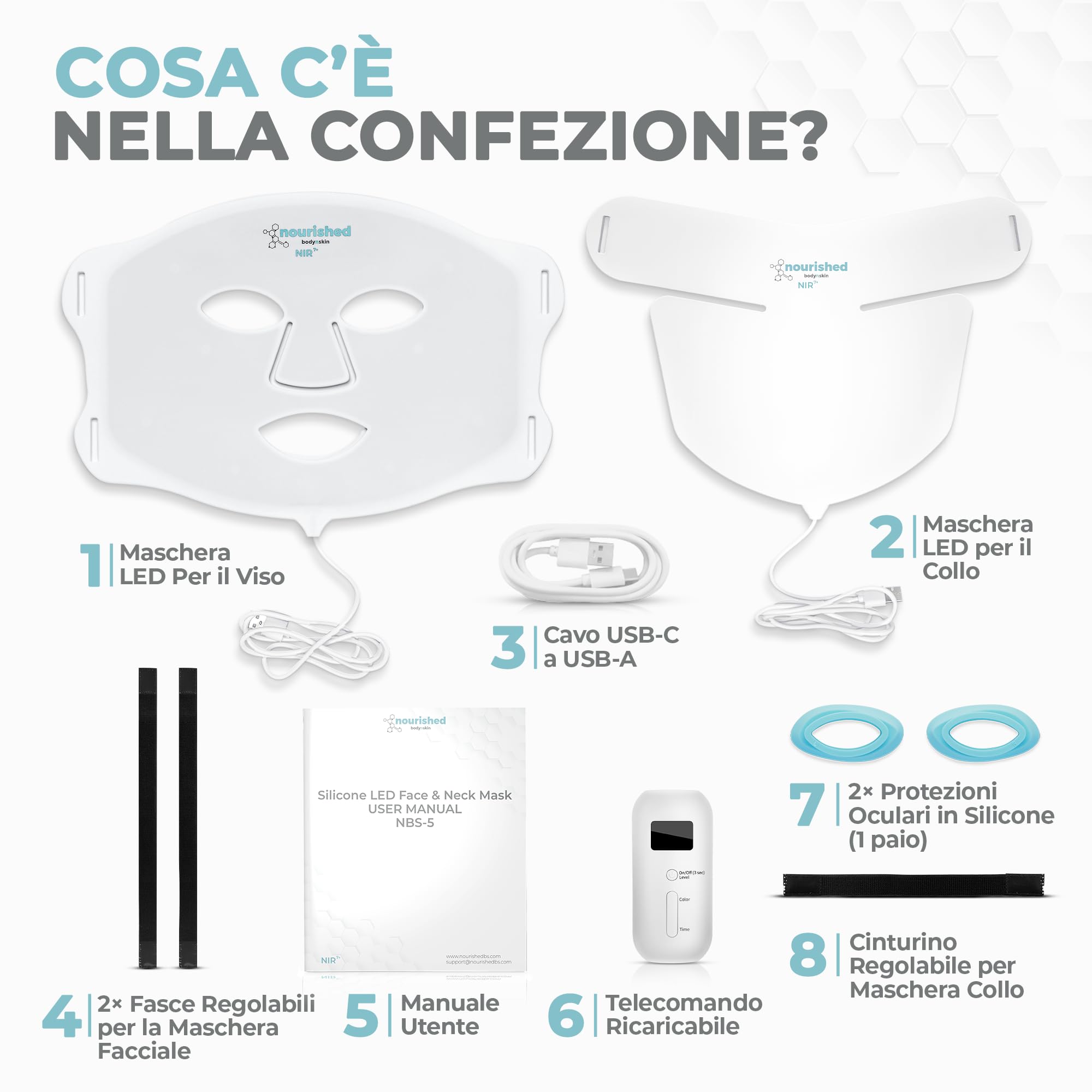 Nourished Bodynskin Maschera LED a 7 Colori per Viso e Collo con Infrarossi Vicini - Terapia della Luce Blu, Rossa per il Viso - 912 LED - Strumento per la Cura della Pelle Anti-Età