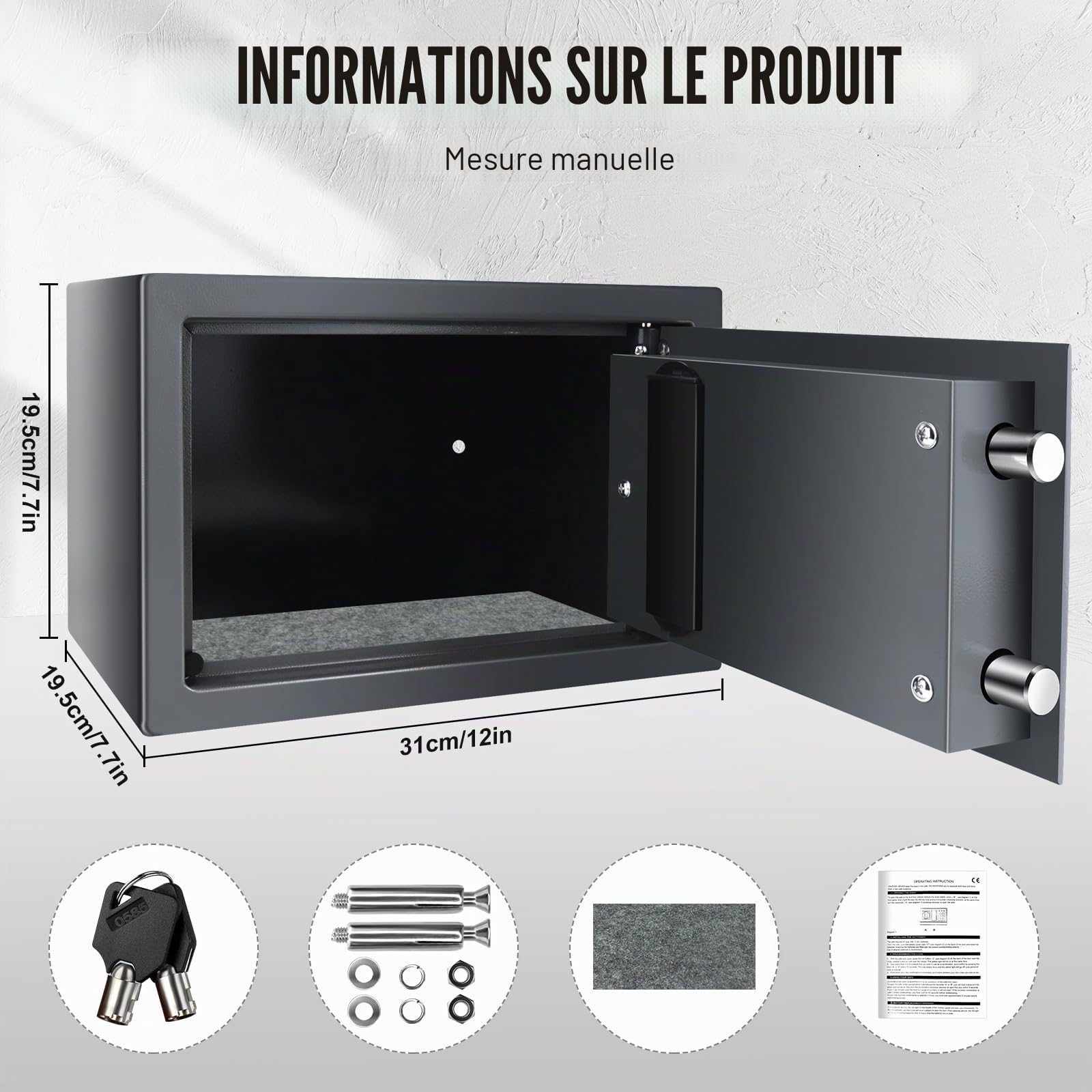 Coffre-fort ignifuge étanche Coffre-fort meuble avec serrure à combinaison et 2 clés Coffre-fort en acier fer Coffre-fort mural à encastrer pour maison, bureau, école, hôtel 31x20x20cm 8,5L Gris