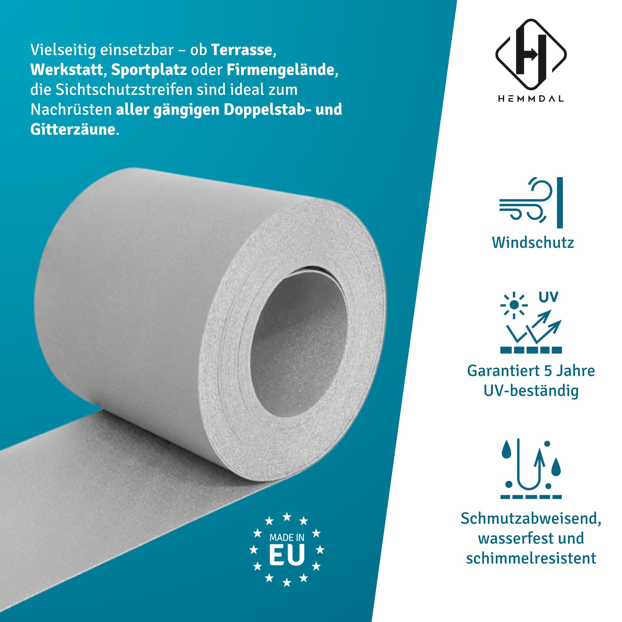 HEMMDAL Premium Sichtschutzstreifen | 35 m Zaunfolie | 1,1 mm Stärke | Montage ohne Hilfsmittel | hochwertiges Polypropylen | formstabil | wasserfest | 5 Jahre UV-beständig | Hellgrau | Made in EU