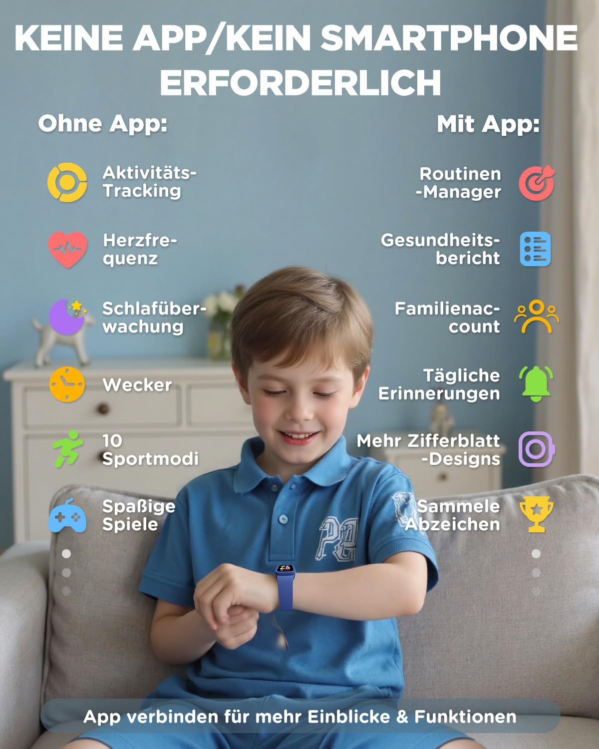 BIGGERFIVE Vigor 3 Kinder Fitness Armband Uhr mit AMOLED Display ohne App & ohne Smartphone, 3ATM wasserdicht, Pulsuhr, Schlaftracker Fitnessuhr, Sportuhr Schrittzähler für Kinder 5-12 Jahre, Blau