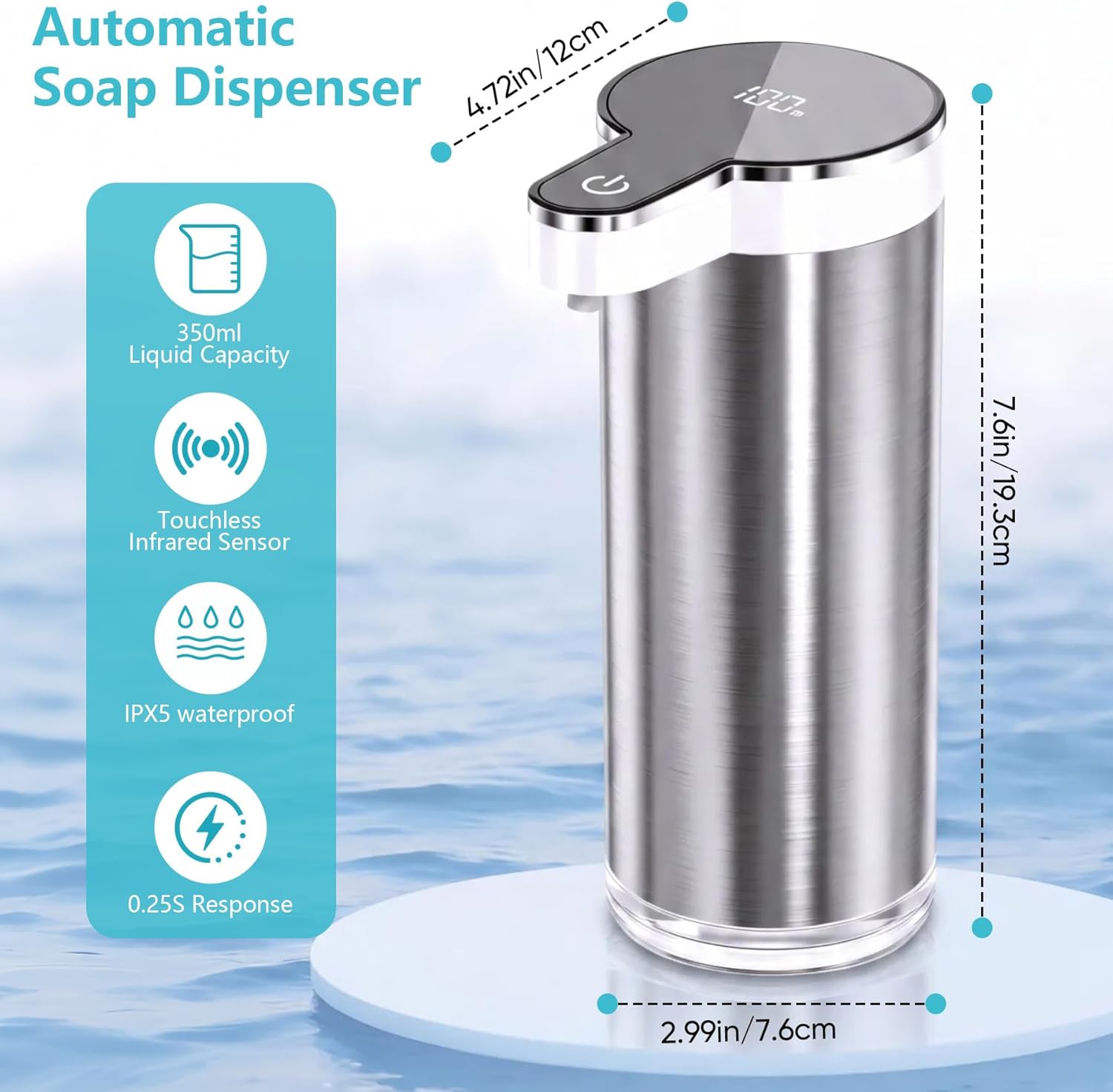 Automatic Soap Dispenser Touchless, 11.8oz/350ml Stainless Steel Hand Soap Dispenser with 4-Level Adjustable Sensor Pump & Rechargeable Battery,Liquid Soap Dispenser for Kitchen Bathroom