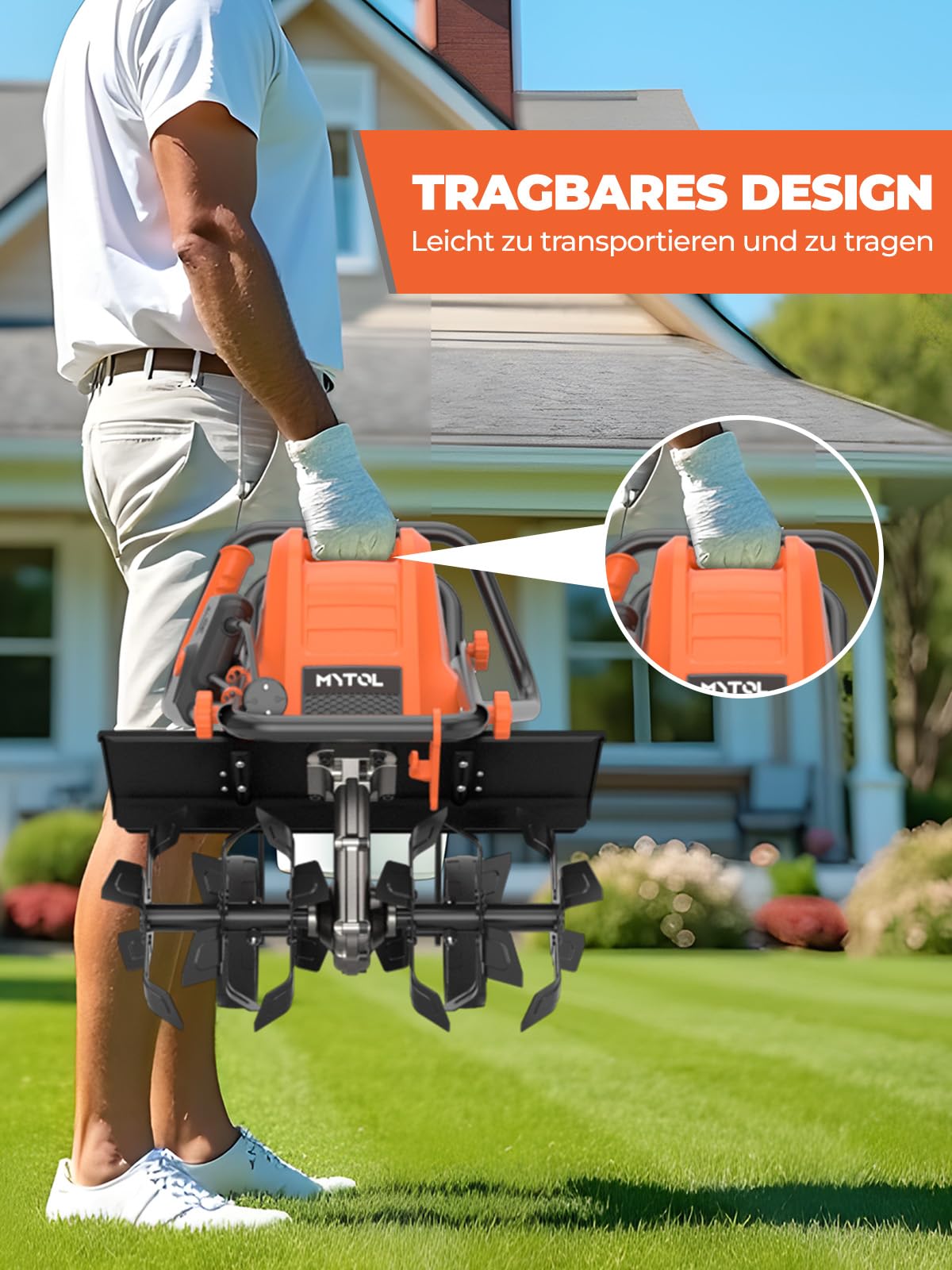 MYTOL 1500W Motorhacke Elektrisch, 45cm Arbeitsbreite, 22cm Arbeitstiefe, Leichtgewichts-gartenfräse mit 6×4 Robuste Stahlzinken, Klappbarer Griff, Doppelter Sicherheitsknopf, Überhitzungsschutz
