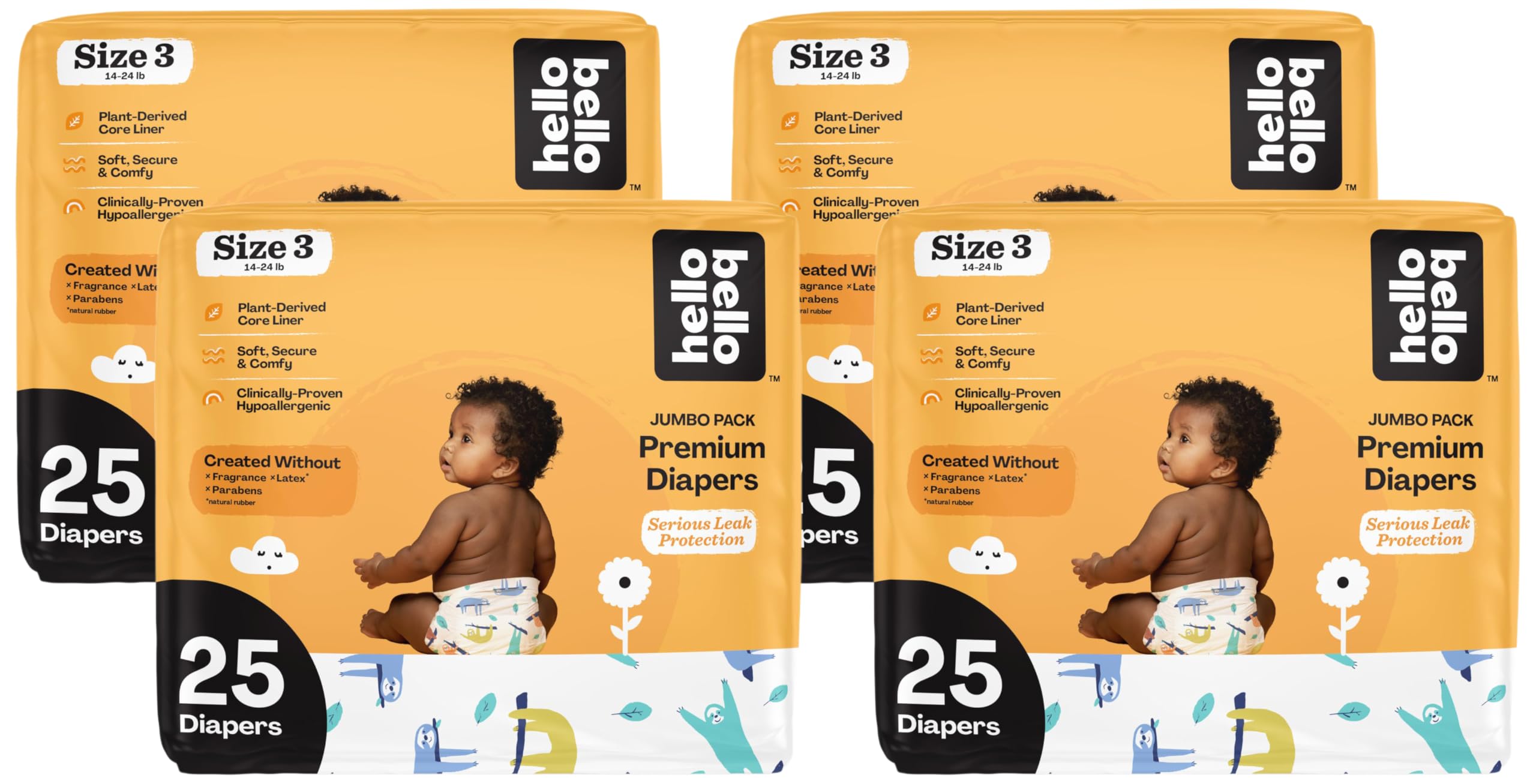Hello Bello Premium Baby Diapers Size 3 I 25 Count of Disposable, Extra-Absorbent, Hypoallergenic Baby Diapers with Snug and Comfort Fit I Sleepy Sloth (Pack of 4)