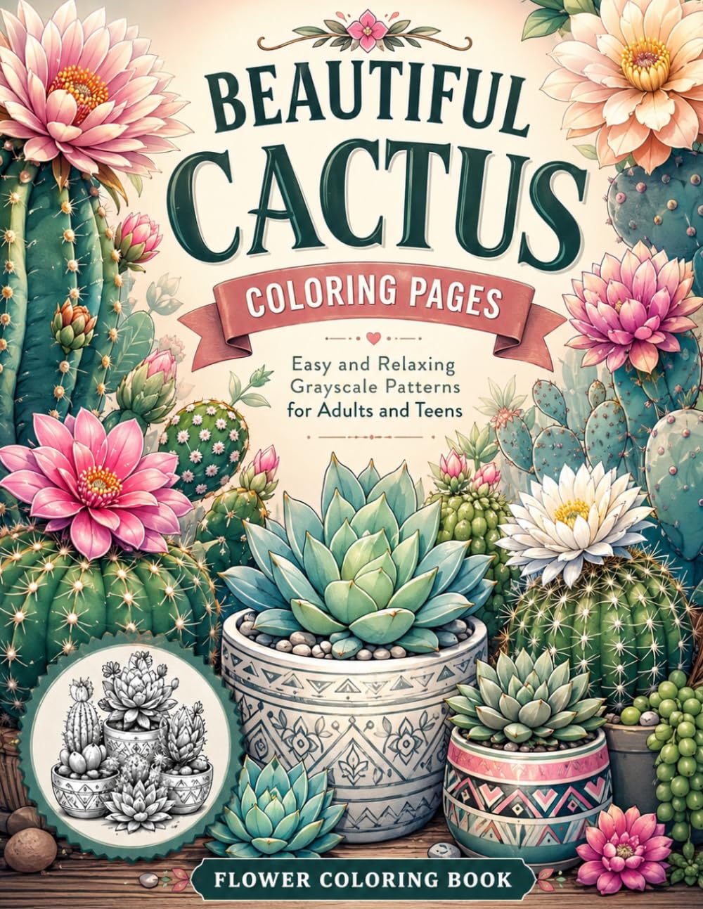 Beautiful Cactus Coloring Pages: Easy and Relaxing Grayscale Patterns for Adults and Teens | Flower Coloring Book (Floral Cactus)