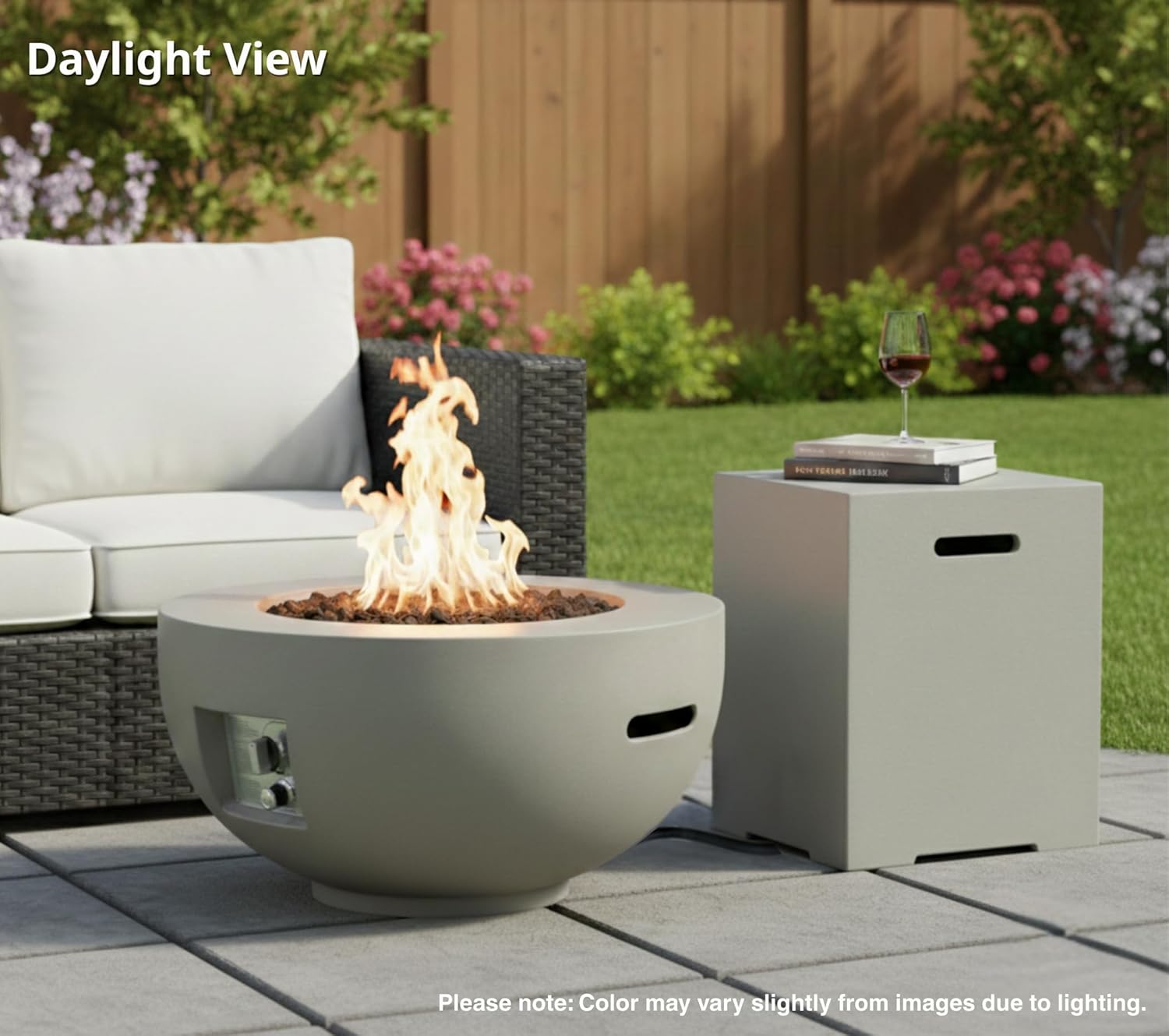 28" Propane Fire Pit Table, Outdoor Gas Firepit with Tank Cover Table & 10ft Hose, 40,000 BTU Lightweight Concrete Round Fire Bowl with Waterproof Cover, Lava Rocks & Burner Lid, Light Gray