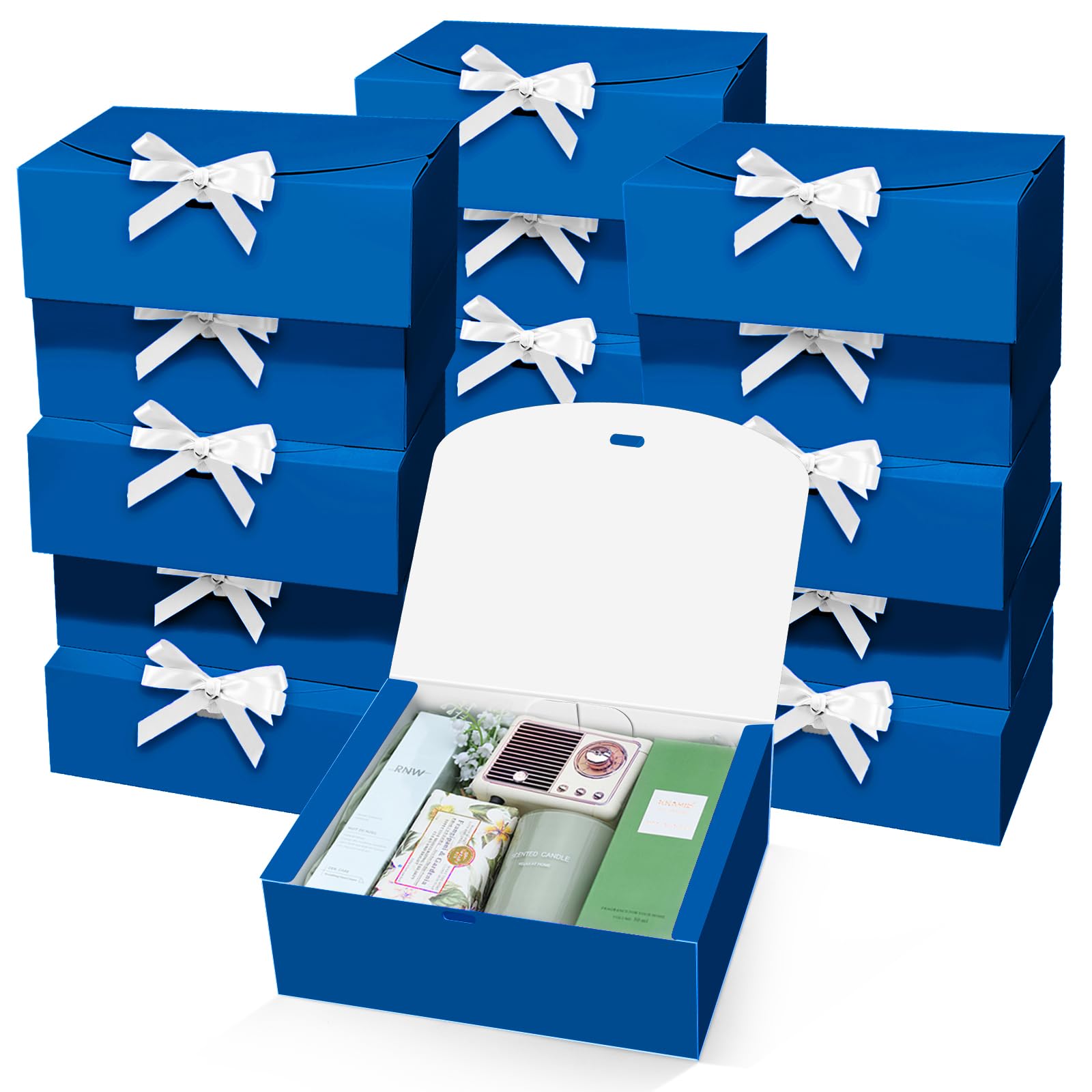 PEKGRIL 15 PCs Gift Boxes with Lids, Blue 10X8X4 Inch Gift Boxes, Bridesmaid Proposal Box with Ribbon, Kraft Paper Boxes for Wedding, Packaging, Present, Birthday, Christmas, Party