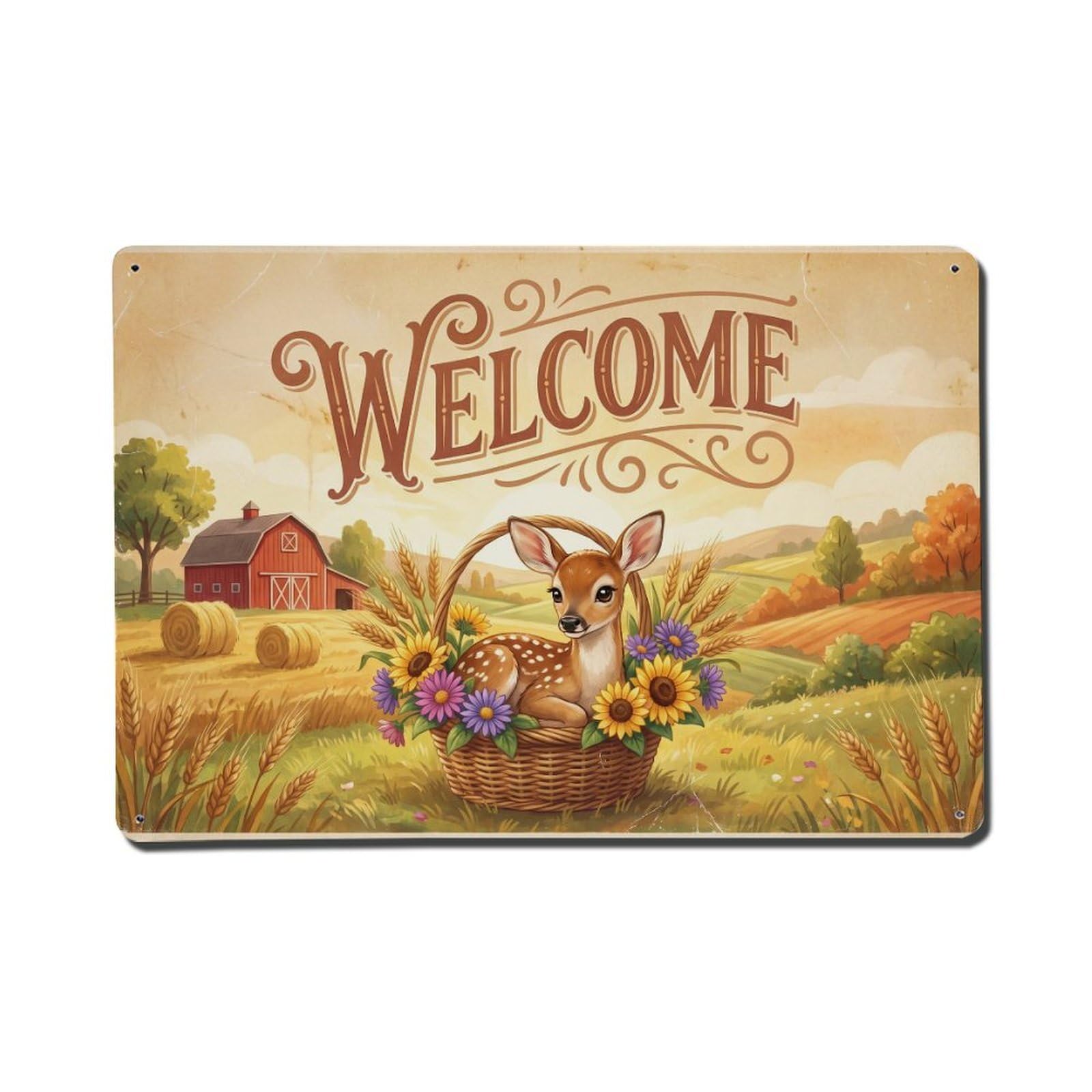 Vintage Welcome Fawn Harvest Time Metal Tin Sign