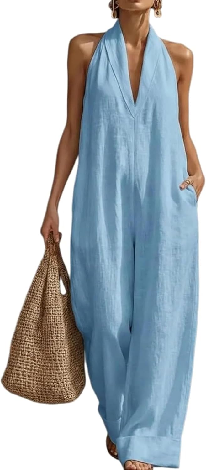 Minimalist and Elegant Cozy Linen Jumpsuit, Plus Size Friendly Loose Sleeveless Romper with Pockets for Summer Travel