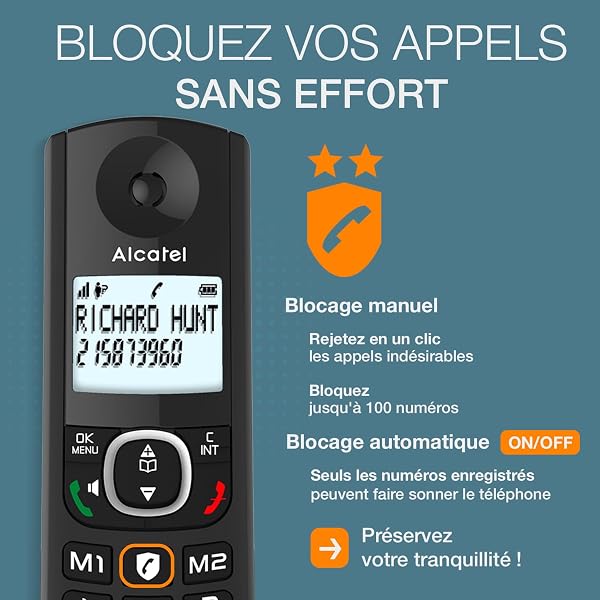 ALCATEL F530 - Téléphone Fixe Sans Fil DECT - Grand Écran Rétroéclairé - Mains Libres - Fonction Blocage Des Appels - 2 Touches De Mémoires Directes - Noir - 4
