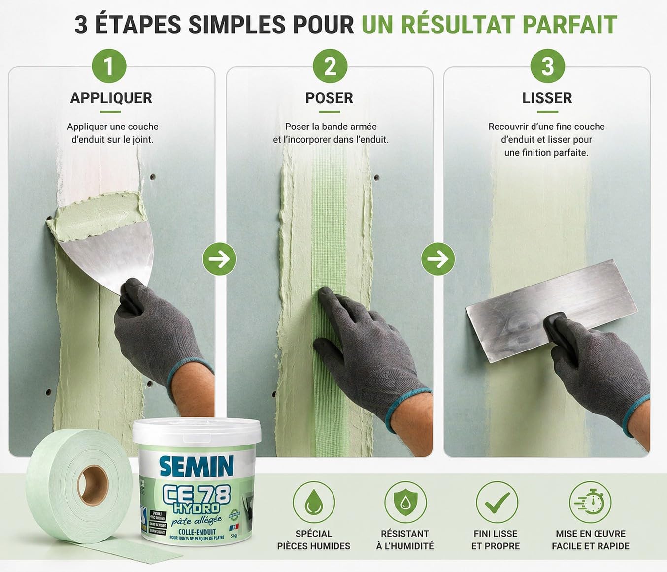 SEMIN Enduit pièce humide CE 78 Hydro 5 kg + bande à joint hydrofuge 30 m – salle de bain et cuisine – 10 m²