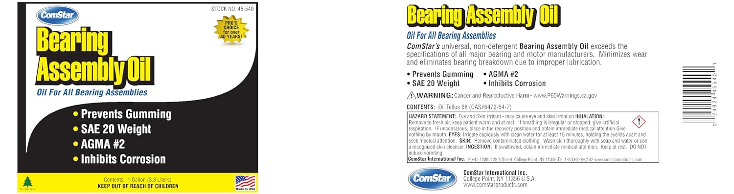 ComStar Bearing Assembly Lube Oil,1 Gallon, SAE 20 Weight, Prevents Gumming, Protects Against Rust and Wear, Provides Long-Lasting Lubrication, Withstands Extreme Pressure (45-540)