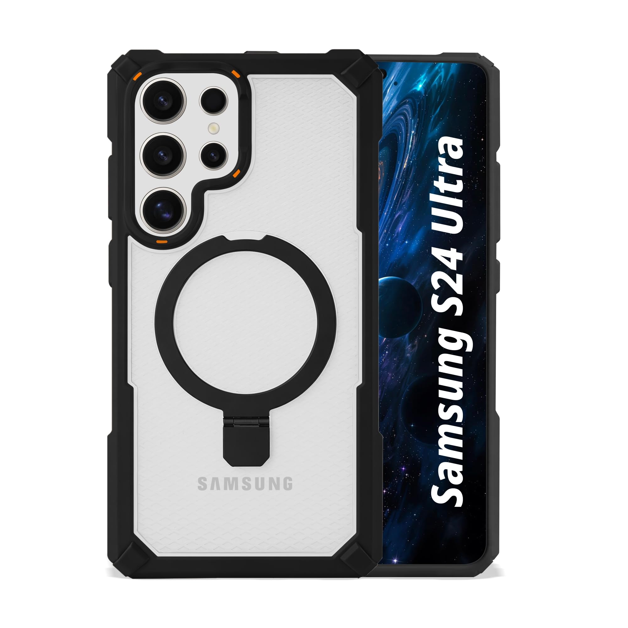 AIBEX Transparent Back Cover Compatible for Samsung Galaxy S24 Ultra|Mag-Saf Magnetic Ring Kickstand |Shockproof Dual Layer Military Grade Drop Protection Armor Case|Wireless Charging Support - Black