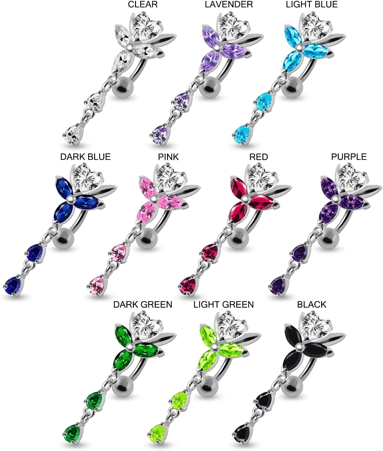 Cz Gemstones Heart Joined Flower with Teardrop Dangling Reverse Bar Sterling Silver with Stainless Steel Belly Ring - Belly Button jewelry - Navel jewelry