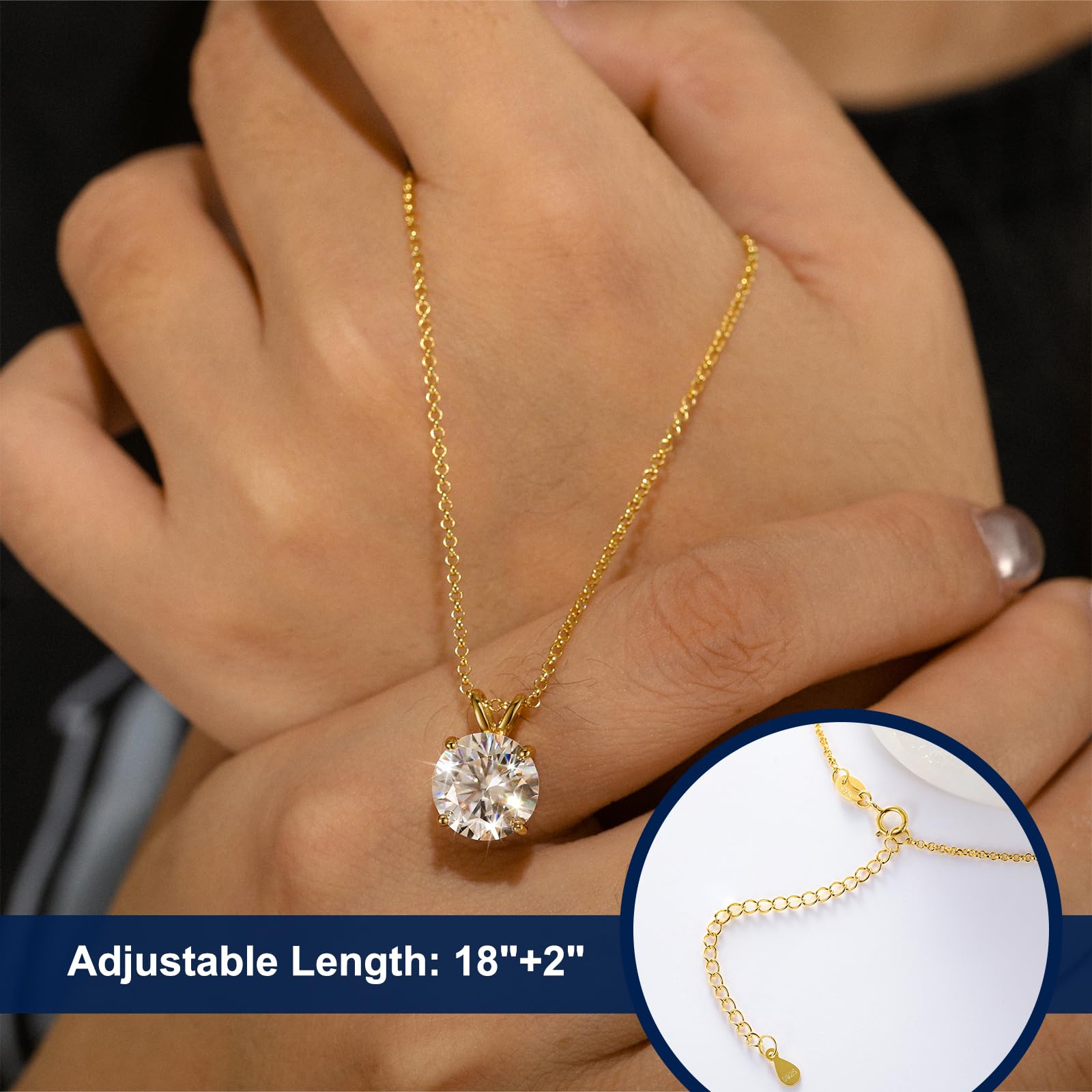 LLXYWJ Moissanit-Halskette für Damen, 0,1–12,0 Karat, Anhänger, 18 Karat vergoldetes Sterlingsilber, runder Solitär mit 45,7 cm Langer Kette, Schmuck für Mutter/, Muttertag
