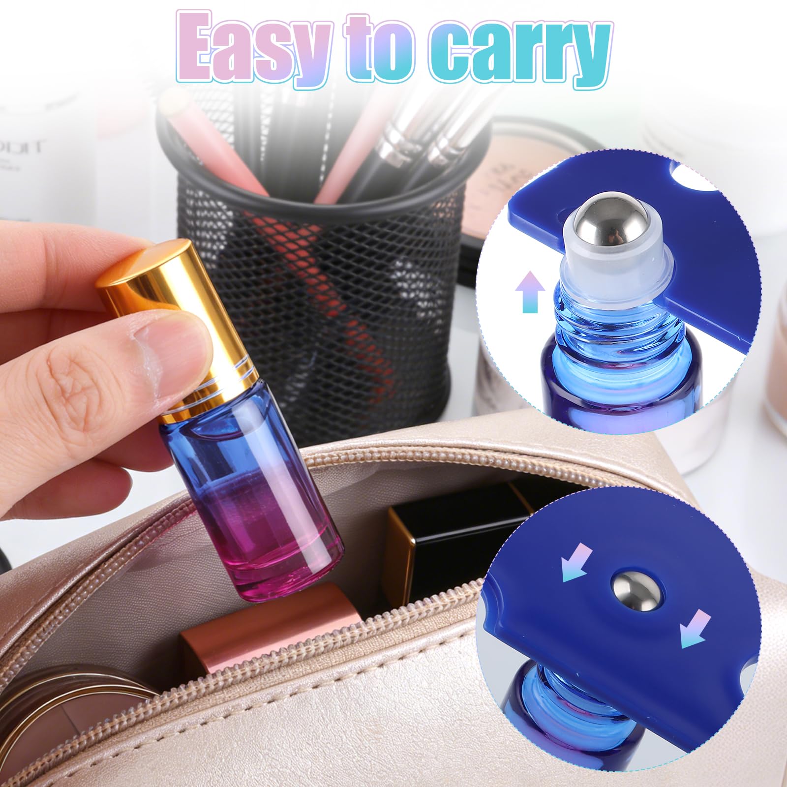 CYEER 25 sztuk butelek Roll On 5 ml, puste butelki z olejkami eterycznymi, zestaw kolorowych butelek na perfumy z kulkami ze stali nierdzewnej i akcesoriami do samodzielnego aromaterapii, torebki i