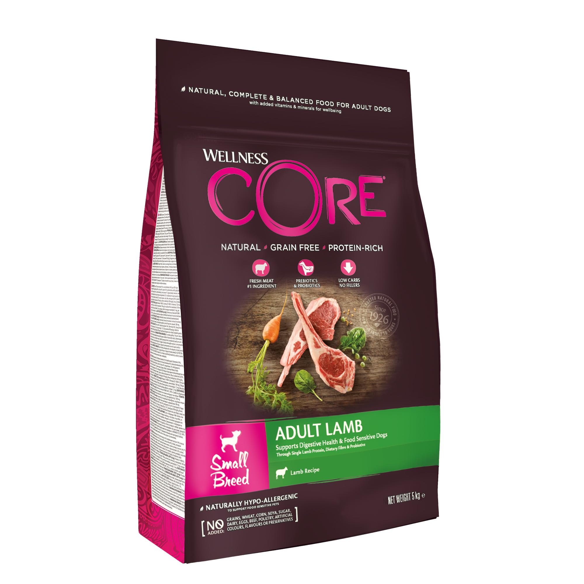 Wellness CORE Agneau 5kg, Agneau – Croquettes Chiens | Petit Chien, Sans Céréales, Naturelles, Hypoallergénique, Riche en protéines, Haute Teneur en Viande, Aide à la Digestion