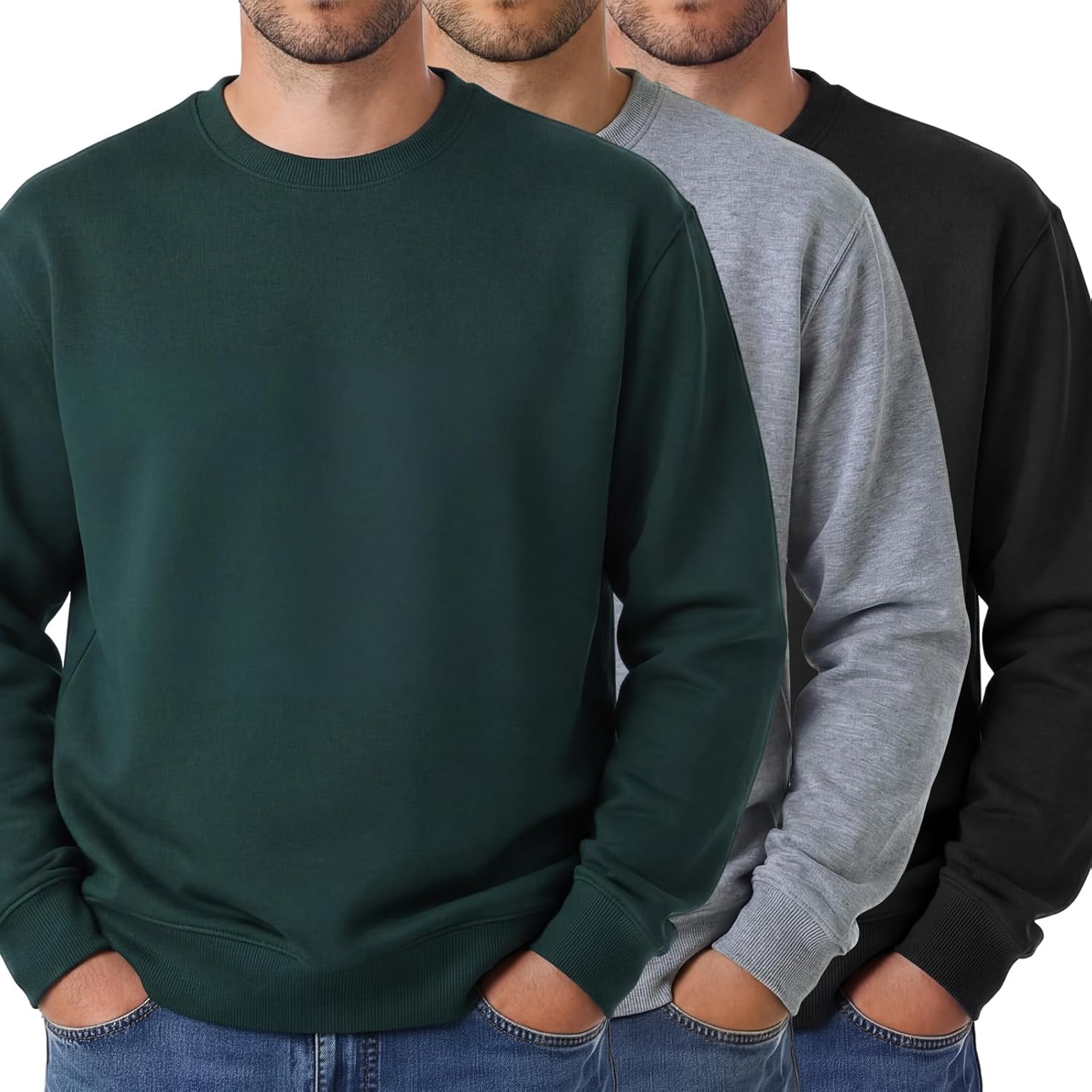 Taiyin 3-Pack Men’s Lightweight Fleece Crewneck Sweatshirts
