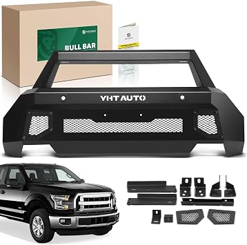 YHTAUTO Bull Bar Push Bar with Skid Plate Light Mount Fit Ford F-150 2021-2023, Carbon Steel Brush Guard for Truck Front Bumper Textured Black Off Road Accessories