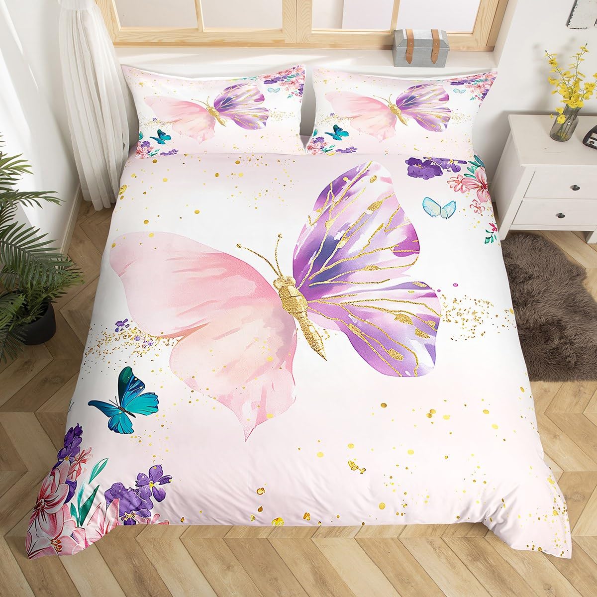 Homemissing Cute Girl Butterfly Printed Duvet Cover King Rose Kids Bedroom Decor Butterflies And Flowers Bed Fragrance Soft Microfiber Romantic Bedding Set，Soft