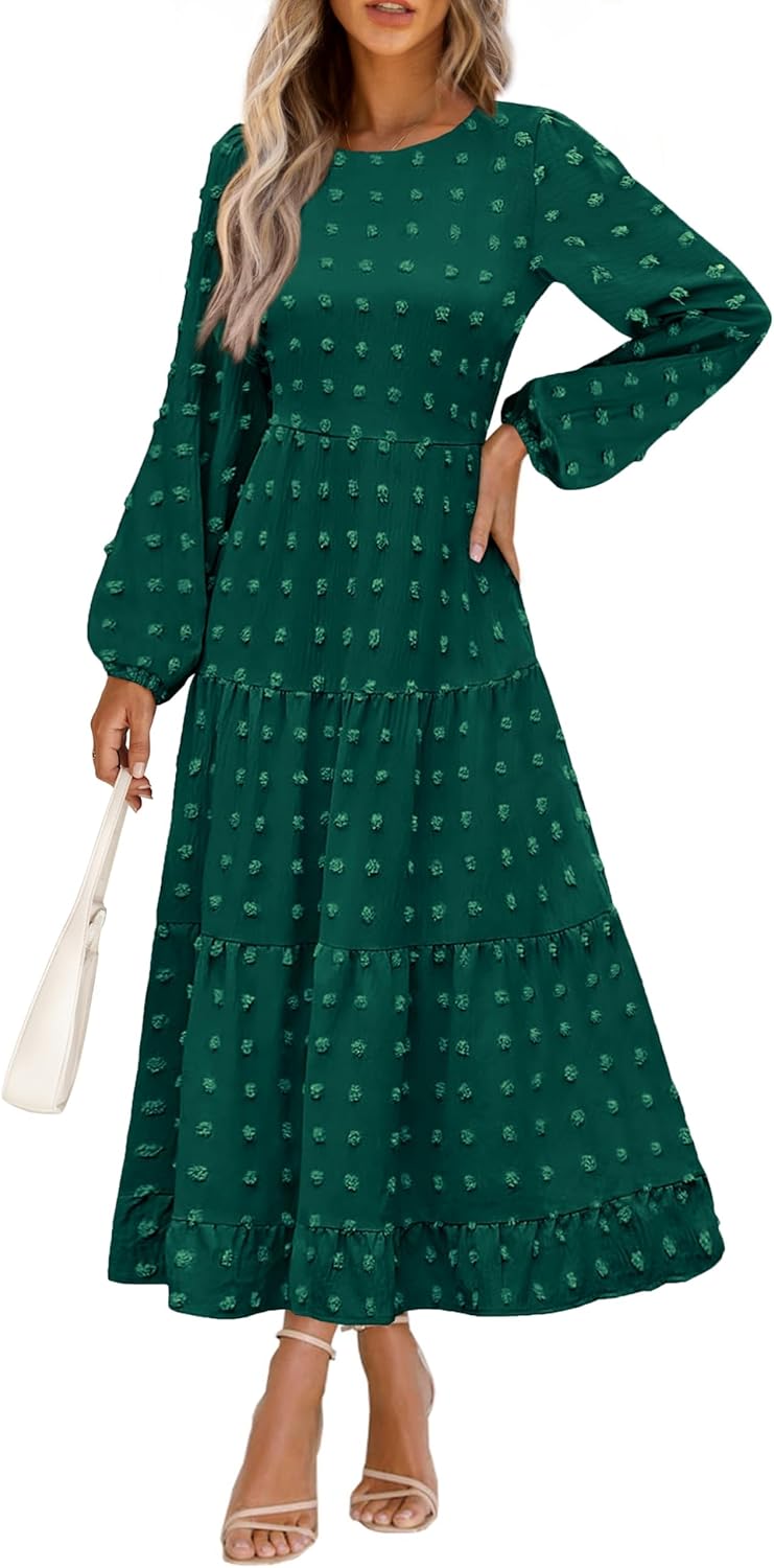 PRETTYGARDEN Women’s Fall Spring Elegant Long Sleeve Maxi Dress Swiss Dot A Line Flowy Casual Holiday Party Going Out Dresses