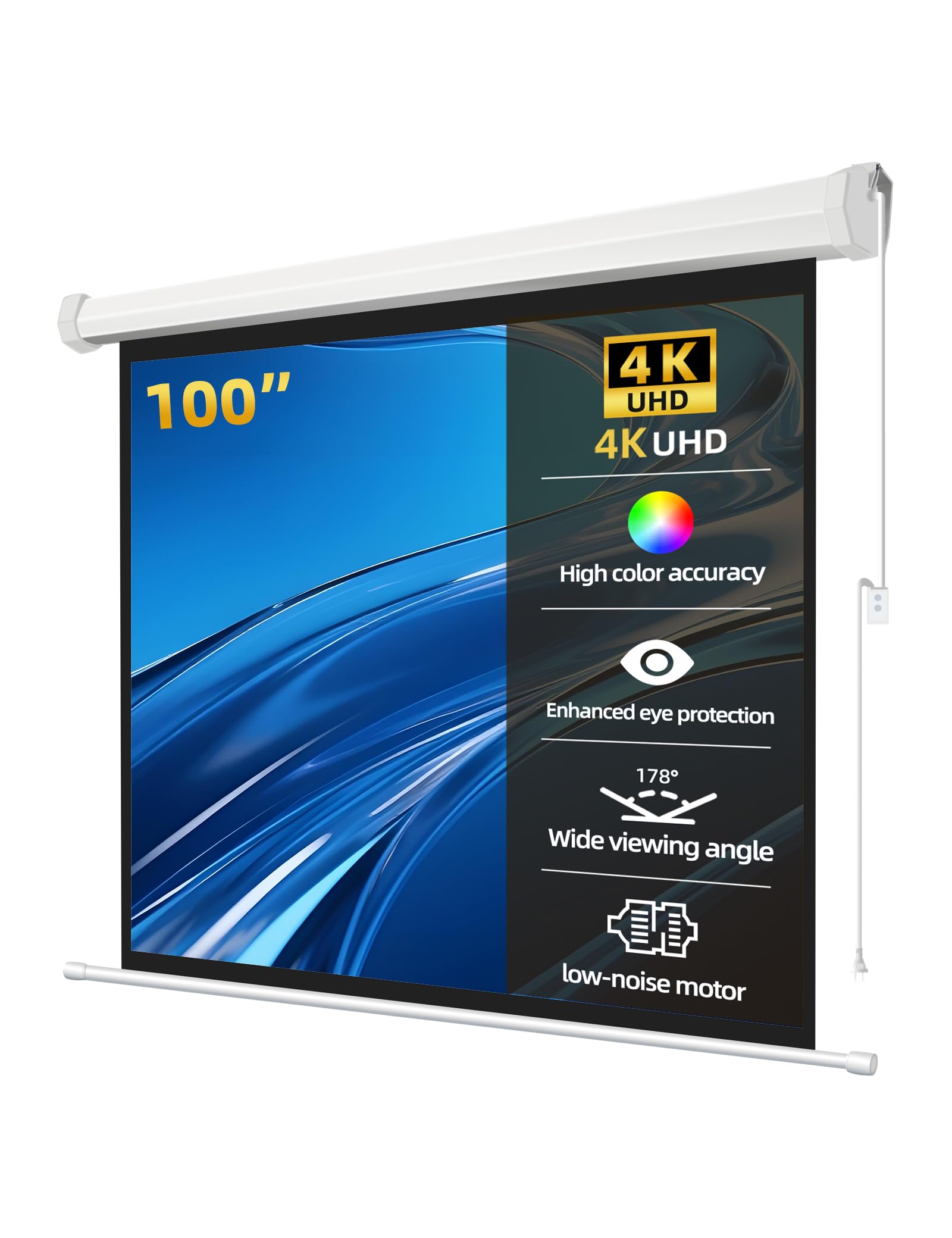 View 1 of 100" Matte White Motorized Projector Screen for UST Long/Standerd Throw Projector,178°Viewing Angle Movie Screen with Remote Control for Home Theater Presentation Education Wall/Ceiling Mount(4:3)