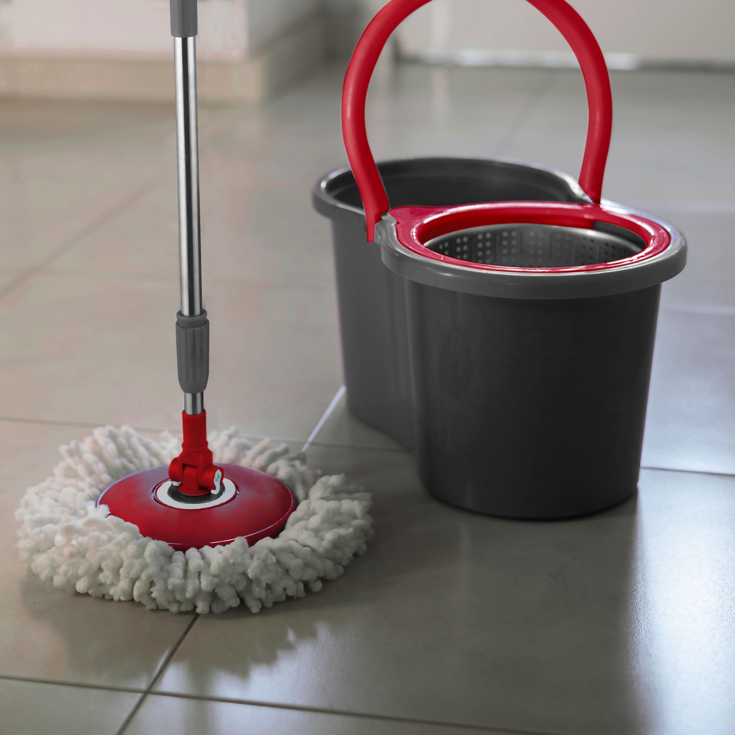 Cubo Fregona Giratorio 360º Plástico ABS Doble Depósito con Mopa Absorbente Giratoria de Fibra y Tubo de Metal 46x26x21 cm