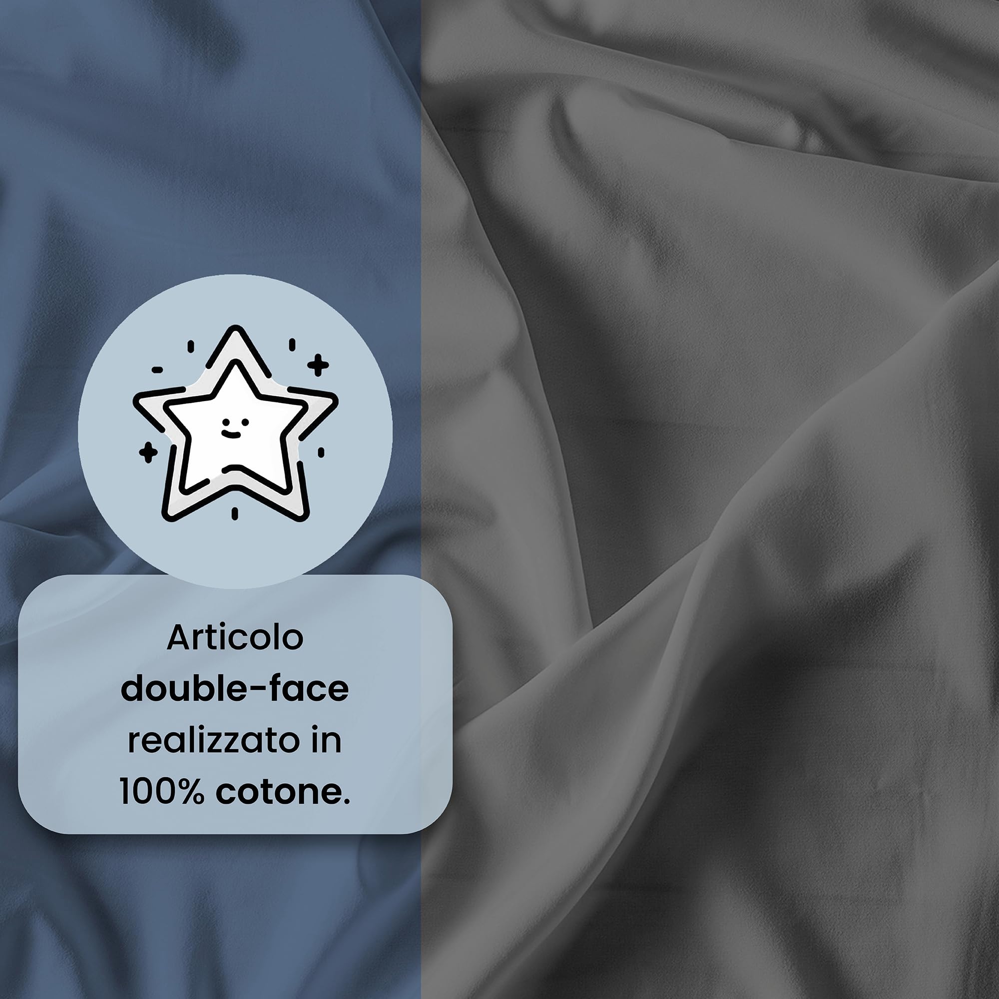 COMPLETO LETTO MATRIMONIALE NATURAL COLOR 100% Cotone - Prodotto in Italia - Sopra 240x300 cm, Sotto 170x200 cm, Federe 50x80 cm Tinta Unita - DoubleFace - Avio/Fumo