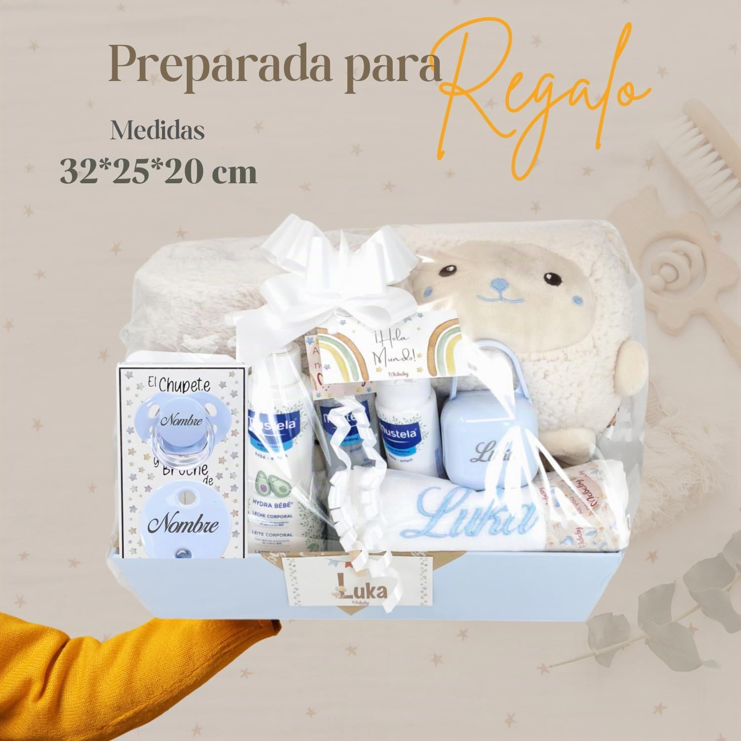 Cesta Regalo Bebé Personalizada Happy Ovejita Deluxe con Peluche, Manta Suave, Set de Higiene, Gasa Bordada, Chupete con Nombre, Cadena, Guardachupete y Marco (Ovejita Azul)