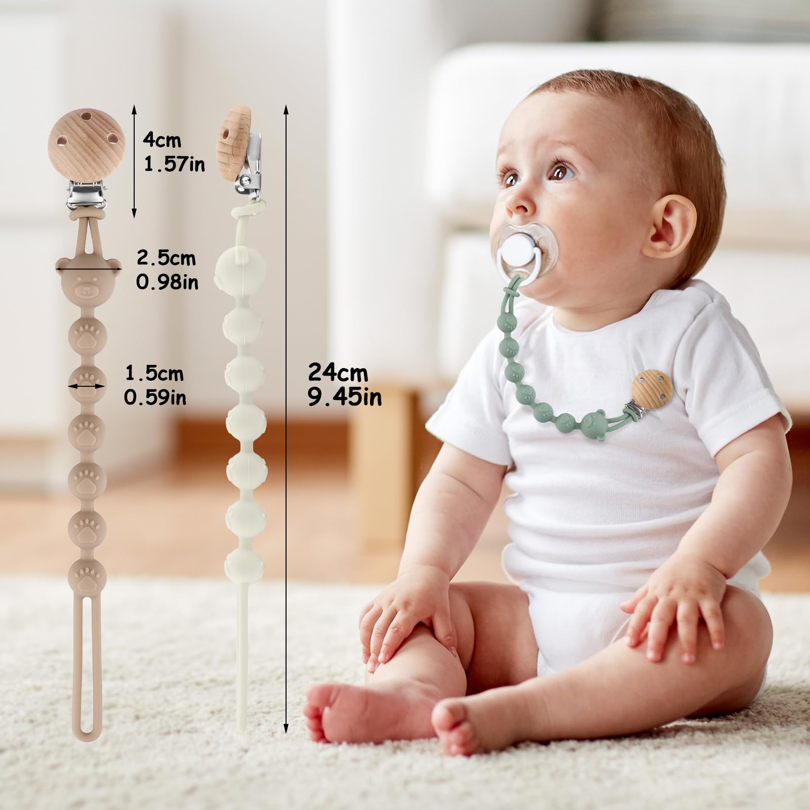 Attache Tétine Silicone Lot de 3, Chaîne Sucette Bébé sans BPA, Pacifier Clip (Gris Clair + Vert + Kaki)
