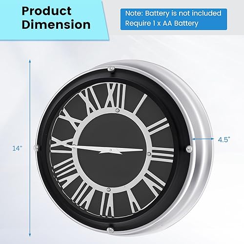 Miniatura 3 de Goplus Reloj de pared silencioso, reloj moderno sin tictac con números romanos y marco de aluminio plateado, fácil de leer, relojes de pared grandes