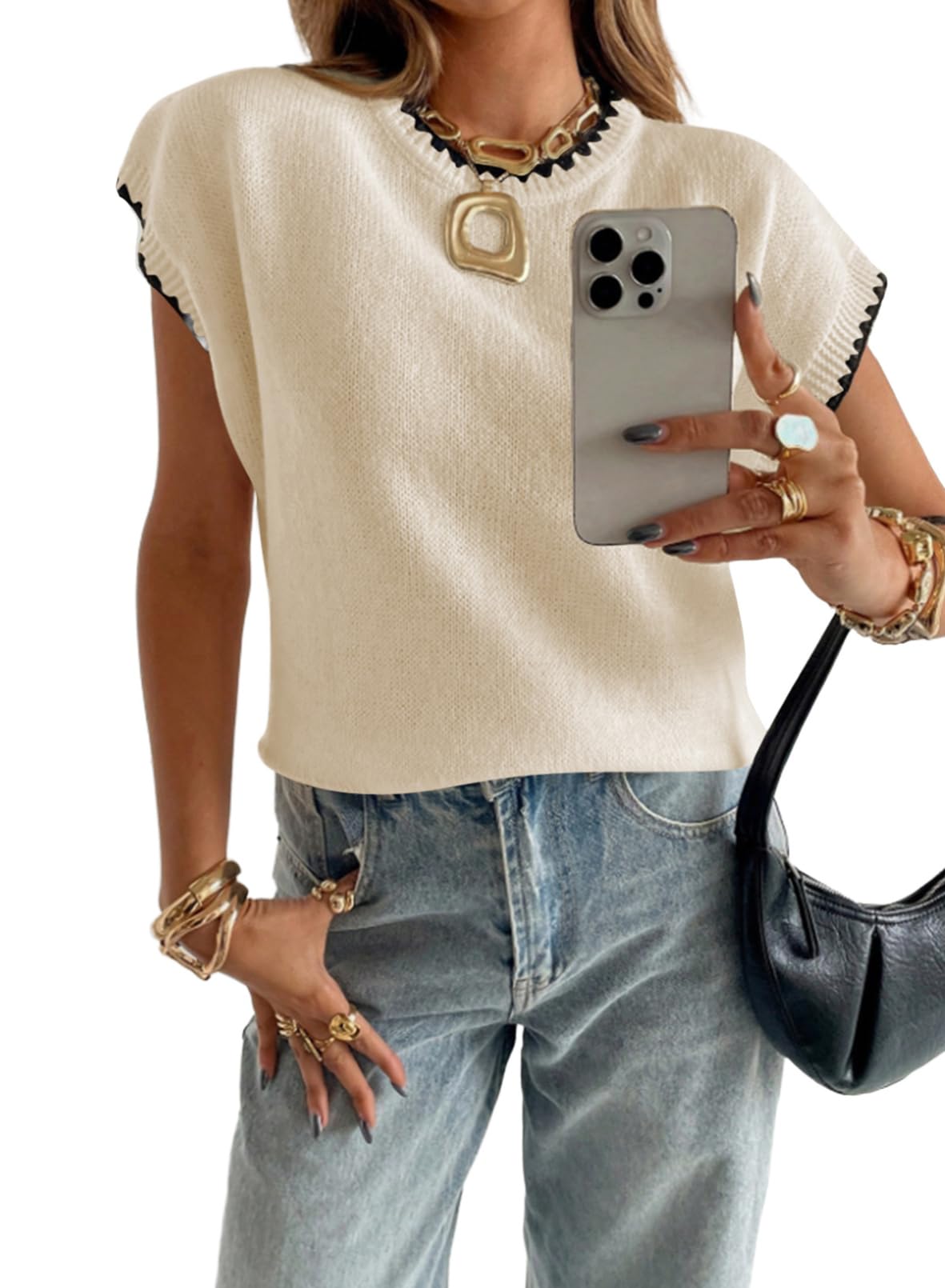 Acelitt Womens Sweater Vest Crew Neck Cap Short Sleeve Casual Loose Fit Knit Pullover Tops Oversized Sleeveless Tank