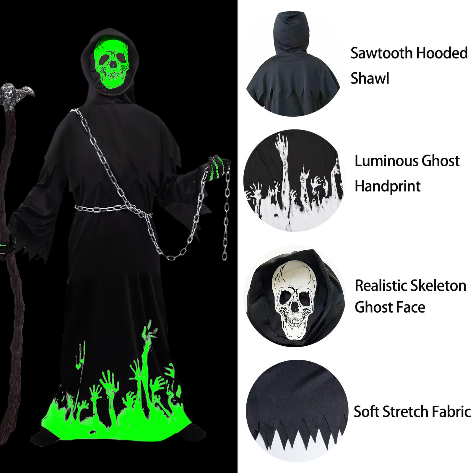 Kostium Grim Reaper dla dzieci z kosą i łańcuszkiem w talii, Deluxe Glow in The Dark Halloween kostium chłopca ponury żniwiarz Grim Reaper kostium na Halloween, karnawał, fantazyjny strój