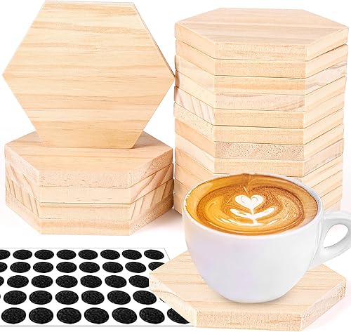 18 posavasos de madera sin terminar, posavasos hexagonales de madera en blanco de 4 pulgadas, manualidades con puntos de silicona antideslizantes
