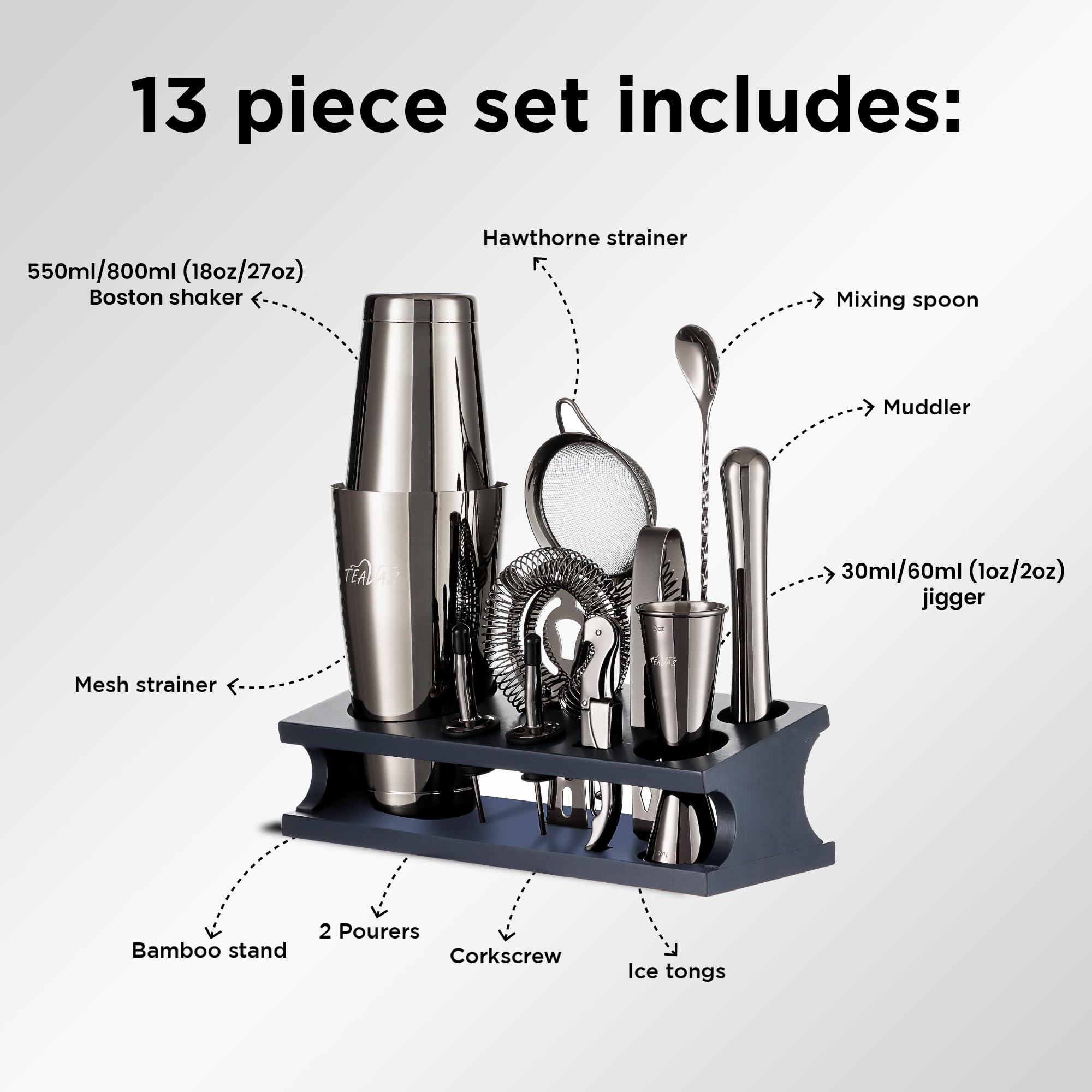 Mixology, kit da barista nero con misurino giapponese e supporto, set da 13 pezzi per preparare cocktail in acciaio inox, shaker Boston, colino, cucchiaio da miscelatore, pestello, bicchieri