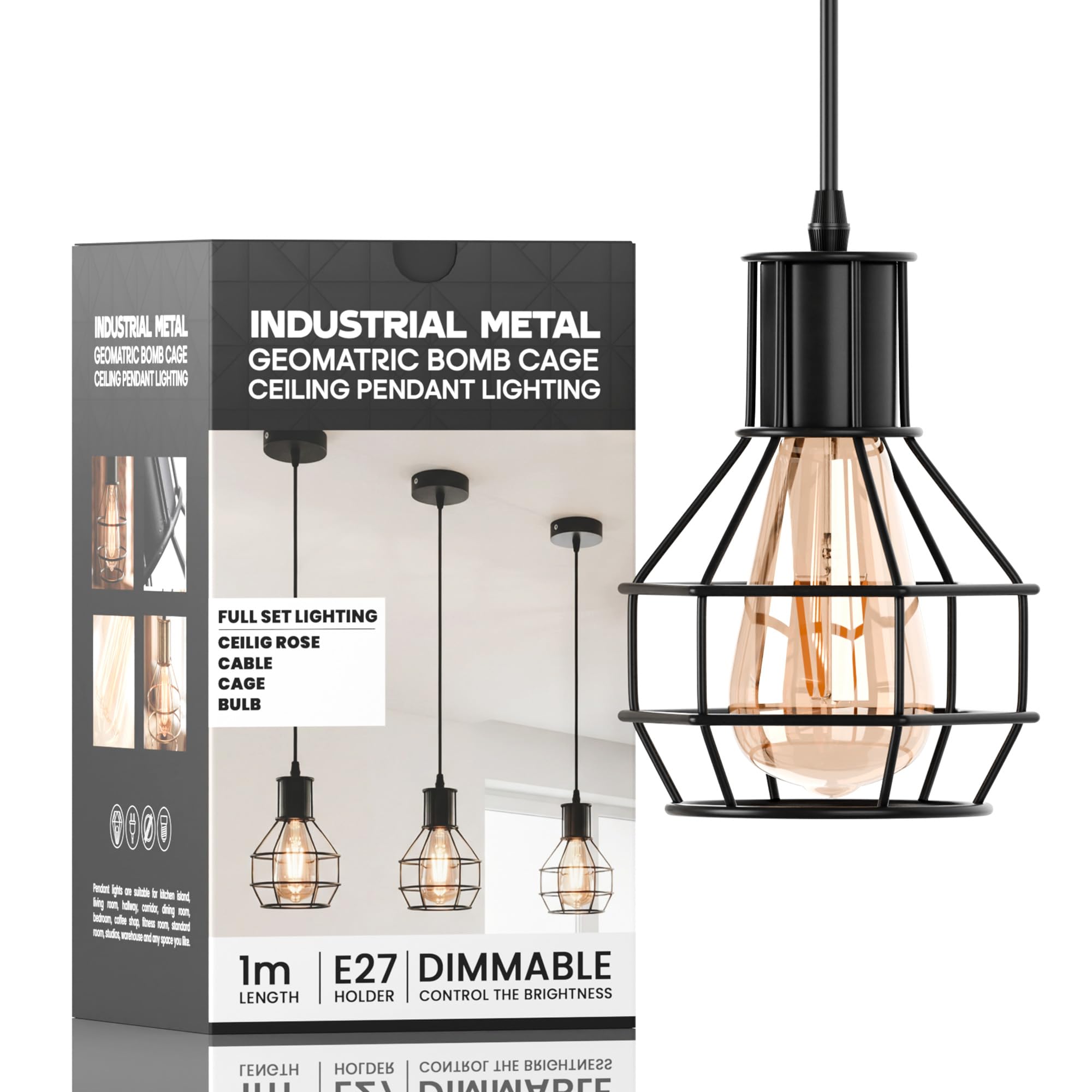 LEDSone Industrial Ceiling Pendant Light Fitting, Black Wire Cage Pendant Light, Adjustable 90cm Cable, E27 Edison Bulb Compatible, Vintage Retro Lighting for Kitchen, Bar, Dining Room