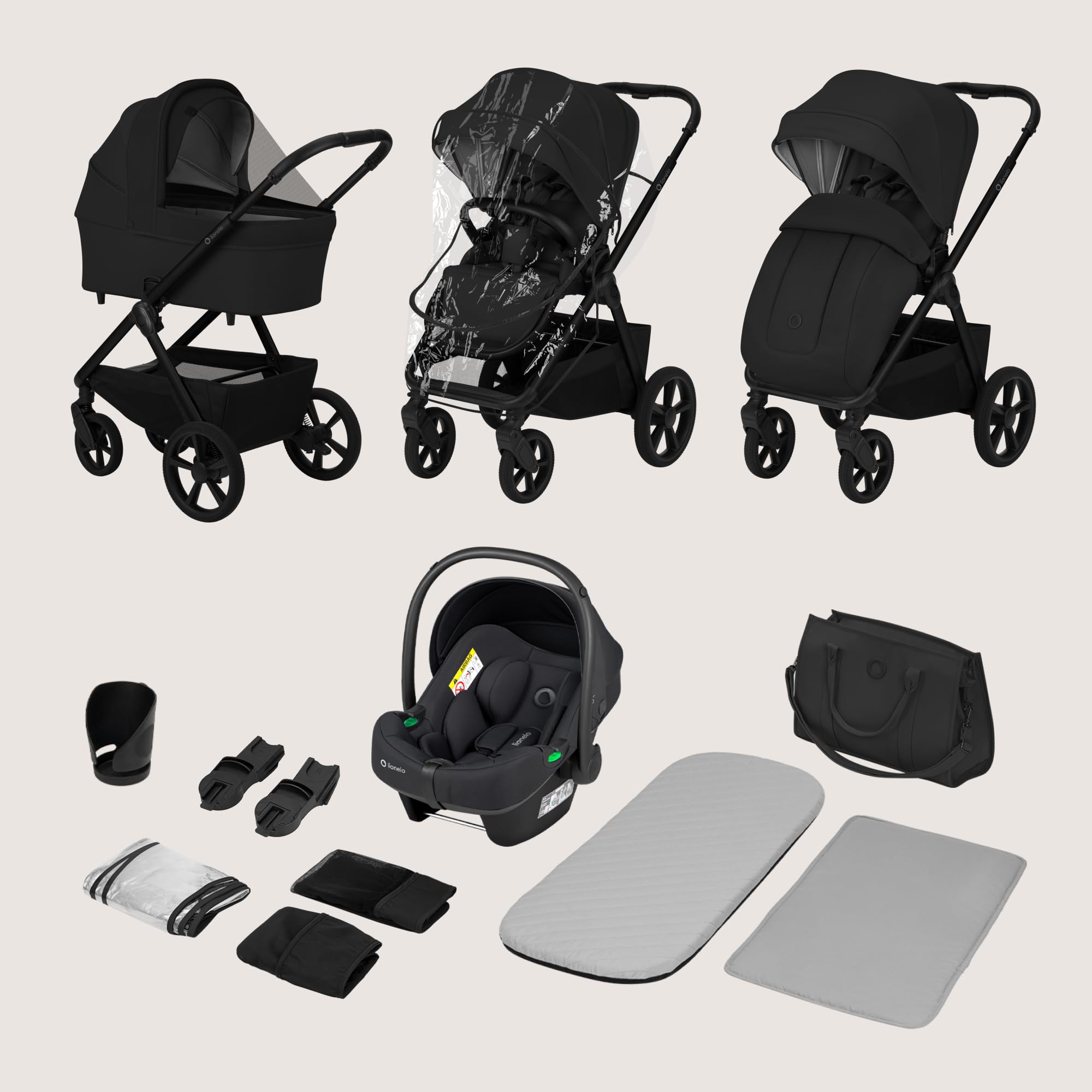 LIONELO Carmine Poussette 3 en 1 3 en 1 (0-4 ans, 0-22 kg), système de voyage ADAC, nacelle et poussette, roues GravelTech, suspension, UPF50+, position allongée, aération, accessoires