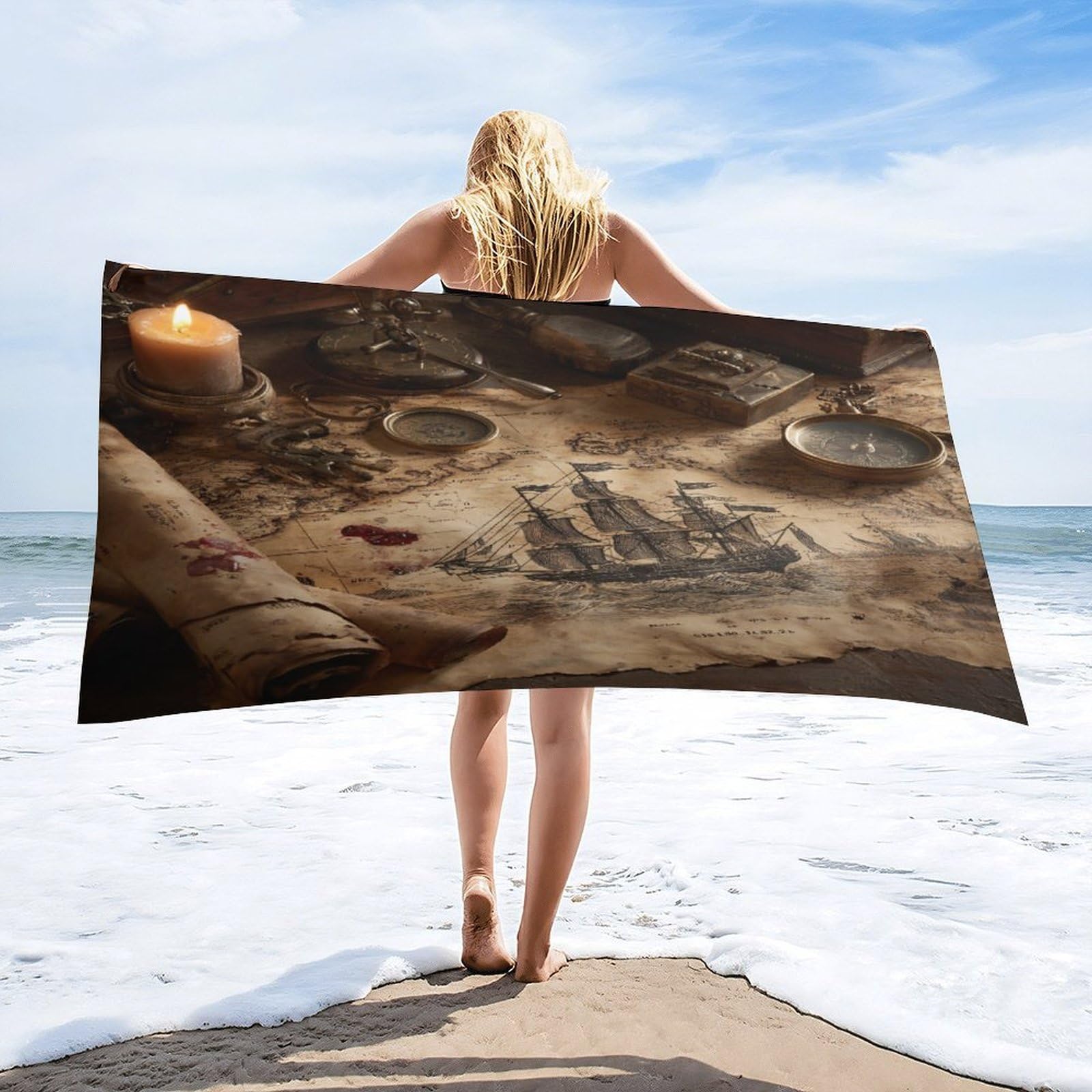 Luyysky Retro Realistic Antique Map Quick-Drying Beach Towel, Modern Art Mid Century Nautical Map Sailing Ship Compass Travel Vacation Single Sided Pile Bathroom Towels-80 W Cm X 160" L Cm