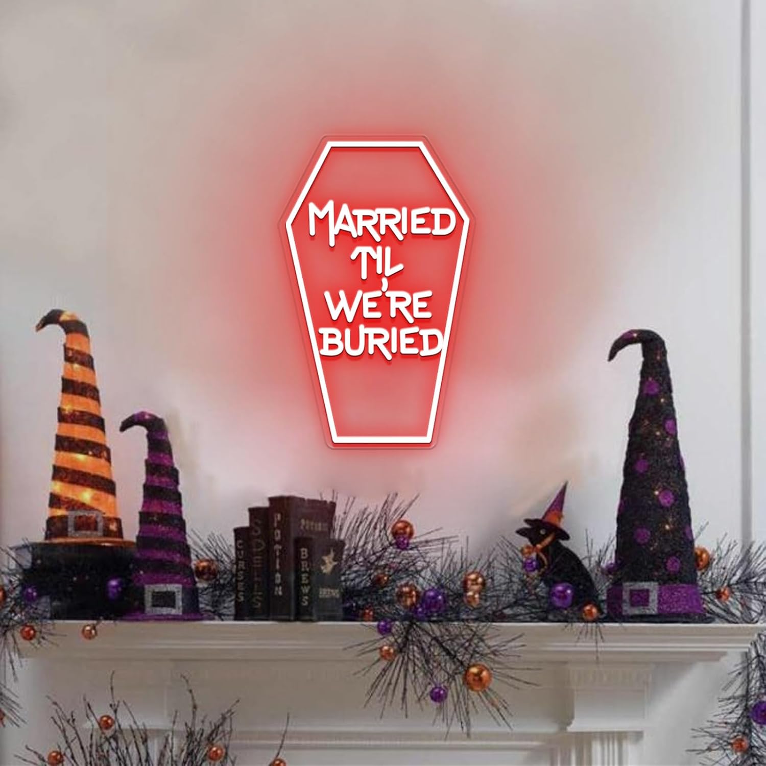Married Til We're Buried Neon Sign for Wall Decor,Wedding Party Wall Decor Light Up Sign,Gothic Wedding Decor,Halloween Gifts,USB Powered With Switch-9.3x15'' Red