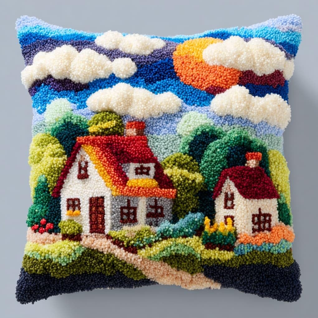 WallustrioaW Latch Hook Pillow Kits Pillow Cover,Cartoon House in the Forest