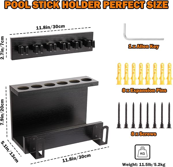 WeGXY Support Mural pour Bâtons de Billard, Support pour 6 Queues de Billard, Accessoires pour Table de Billard, Support en Bois Massif pour Ensemble de Queues de Billard, Organisateur Rustique pour - 3