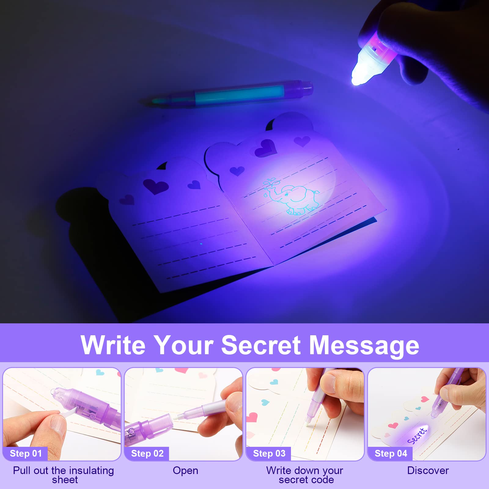 DazSpirit - Bolígrafo de Tinta Invisible con Bloc de Notas de Animales Lindos y Bolsas de Regalo, bolígrafo mágico con luz UV para niños, bolígrafo Invisible para Escribir un Mensaje Secreto