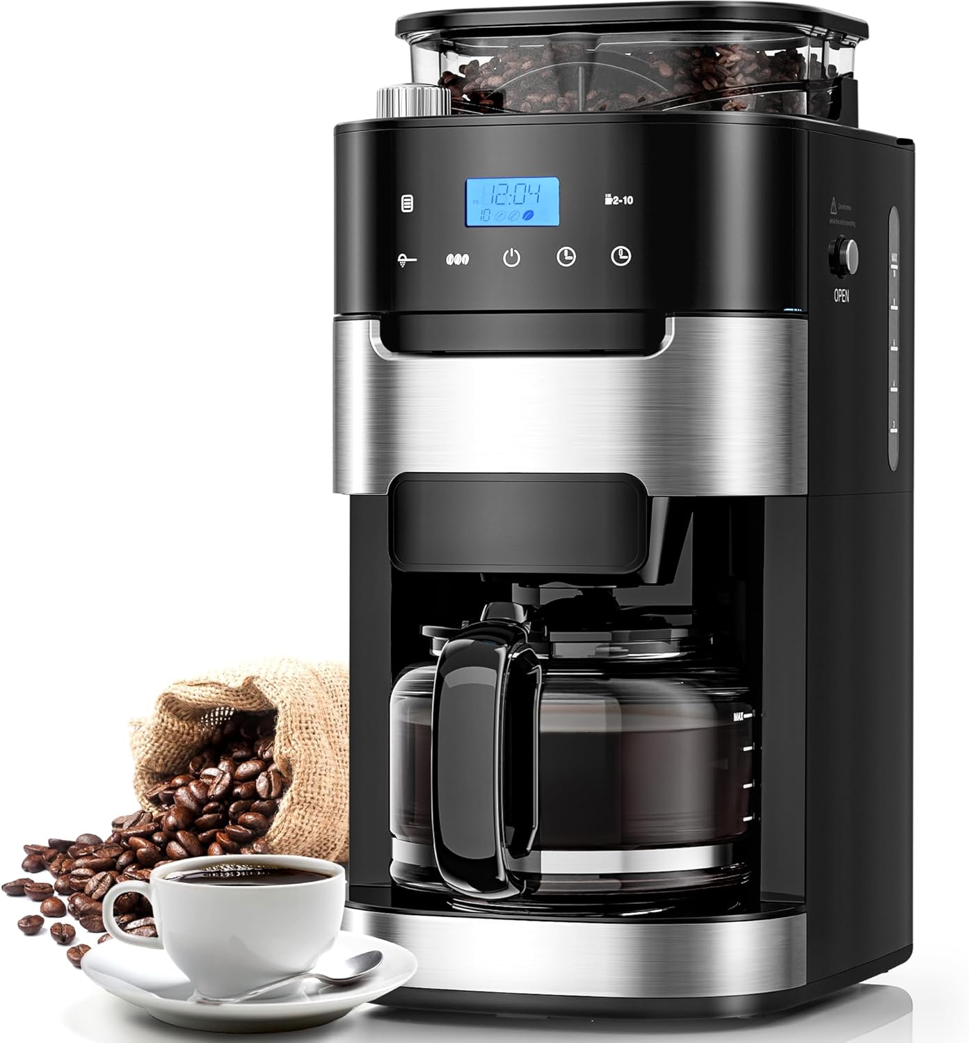 10-Cup Drip Coffee Maker with Built-in Grinder,Programmable Grind & Brew, Coffee Machines with Smart LED Touchscreen, 24H Timer, Customizable Strength & Grind Size - Thumbnail 4