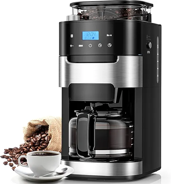 Electactic 10-Cup Drip Coffee Maker with Built-in Grinder,Programmable Grind & Brew, Coffee Machines with Smart LED Touchscreen, 24H Timer, Customizable Strength & Grind Size,Black