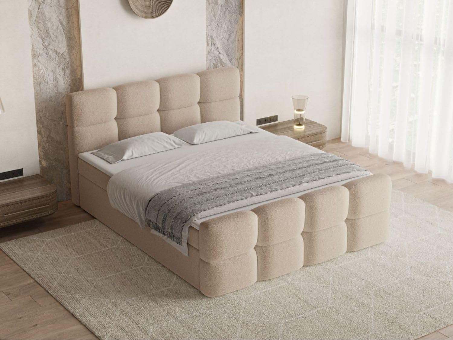 GRAINGOLD Rivon Bett, Boxspringbett mit Bettkasten, Polsterbett mit Bonell-Matratze, Boucle Stoff, mit Topper, mit Kopfteil (Beige, 160x200)
