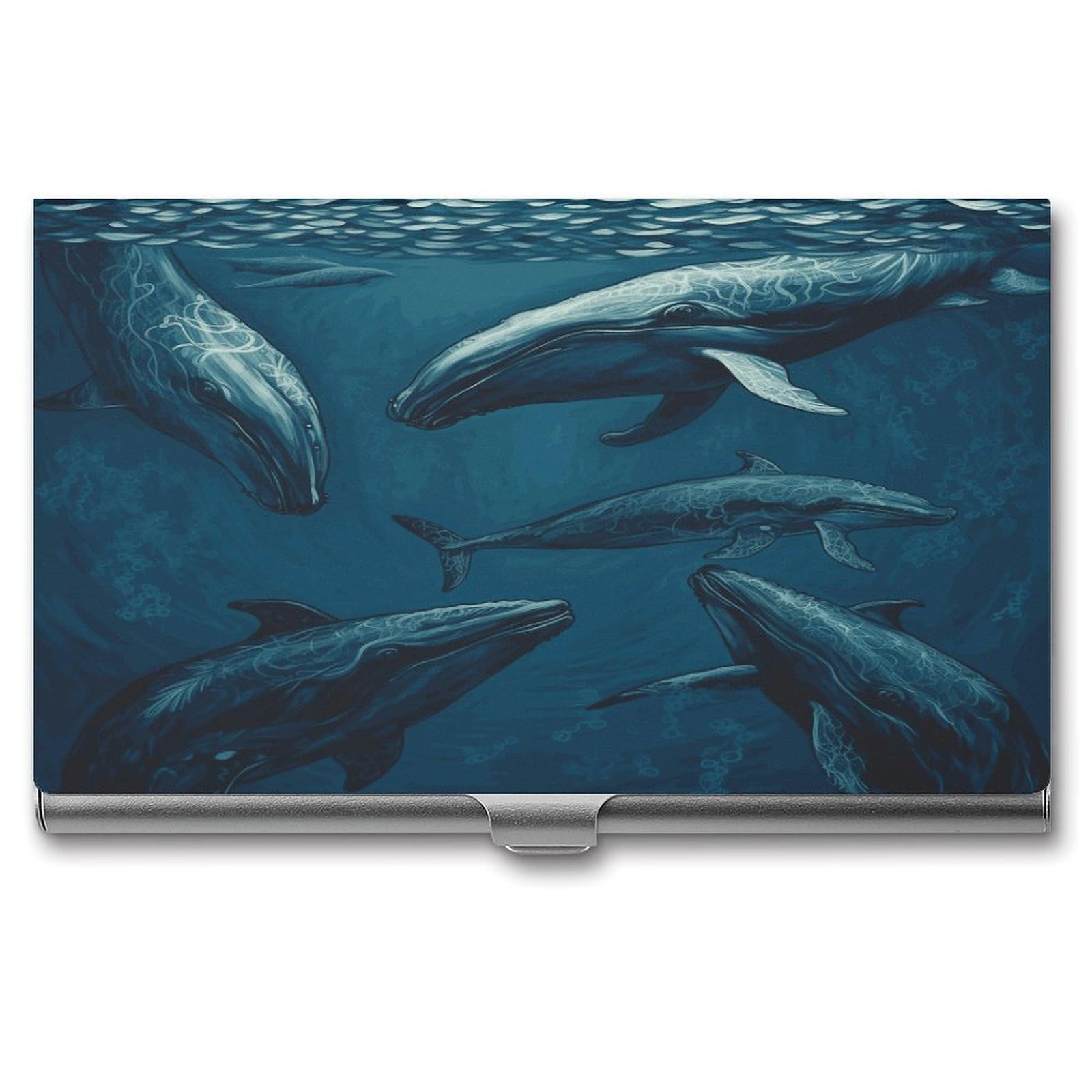 LDGSUPH Ocean Whale Business Card Holder Fashion Slim Name Card Holder Minimalist Design Case Metal Card Carrier Personalized Business Card Case with Flip for Men Women