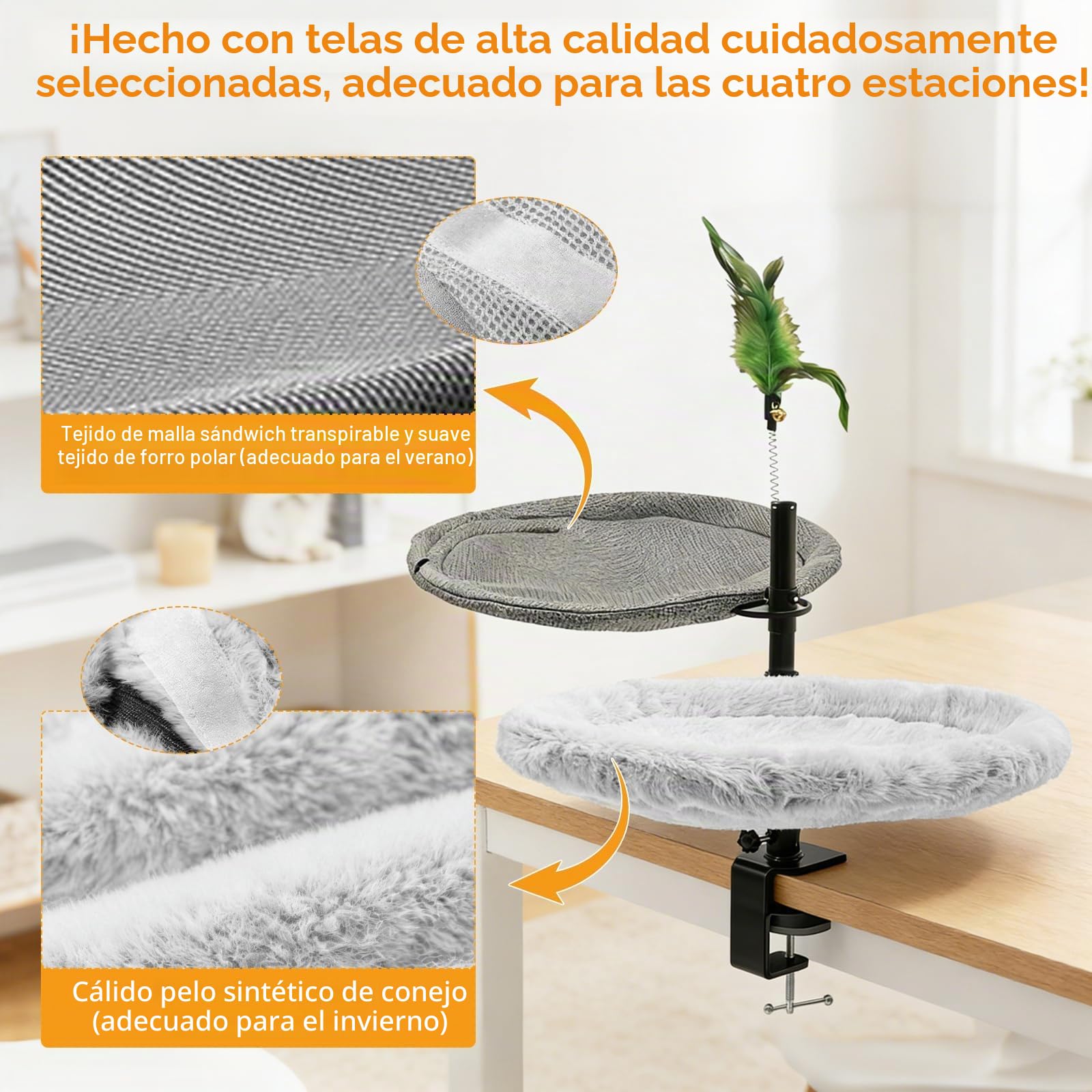 Doble Capa Camas para Gatos de Escritorio, con Barra de Resorte, Ajuste de Altura, Rotación de 360°, Capacidad de Carga hasta 20 kg, Hamaca Cómoda para Gatos, Ideal para Hogar y Espacios de Trabajo