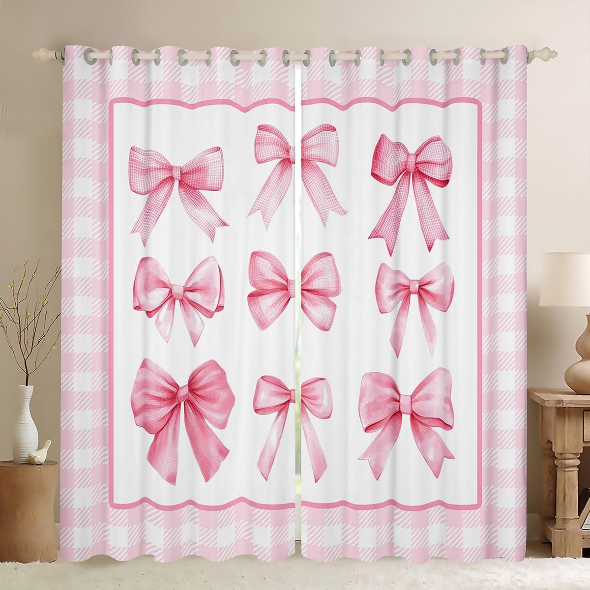 Pink Bowknot Kids Blackout Curtains,Geometric Plaids Grids Patchwork Fashion Window Drapes for Girls Women,Bow Tie Knot Princess Romantic Chic Window Treatments Grommet Top 2 Panel Set,66Wx90L inch — image 1