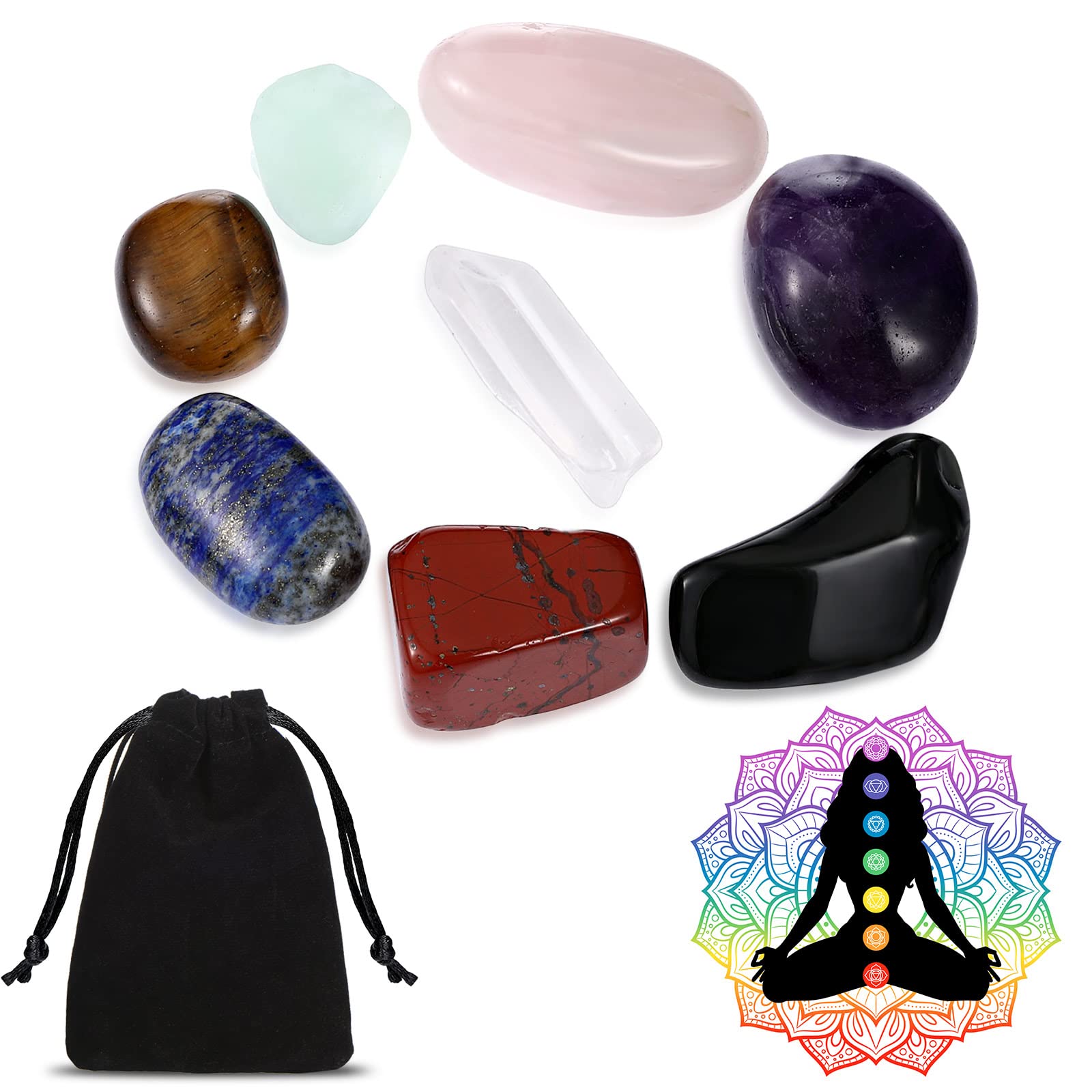 Yaomiao 9 Pcs Valentine Chakra Healing Crystals Set Tumbled Natural Stones Healing Crystal Stones Galentine Mini Tumbled with a Black Carry Bag for Balancing Mediation Grounding Favors